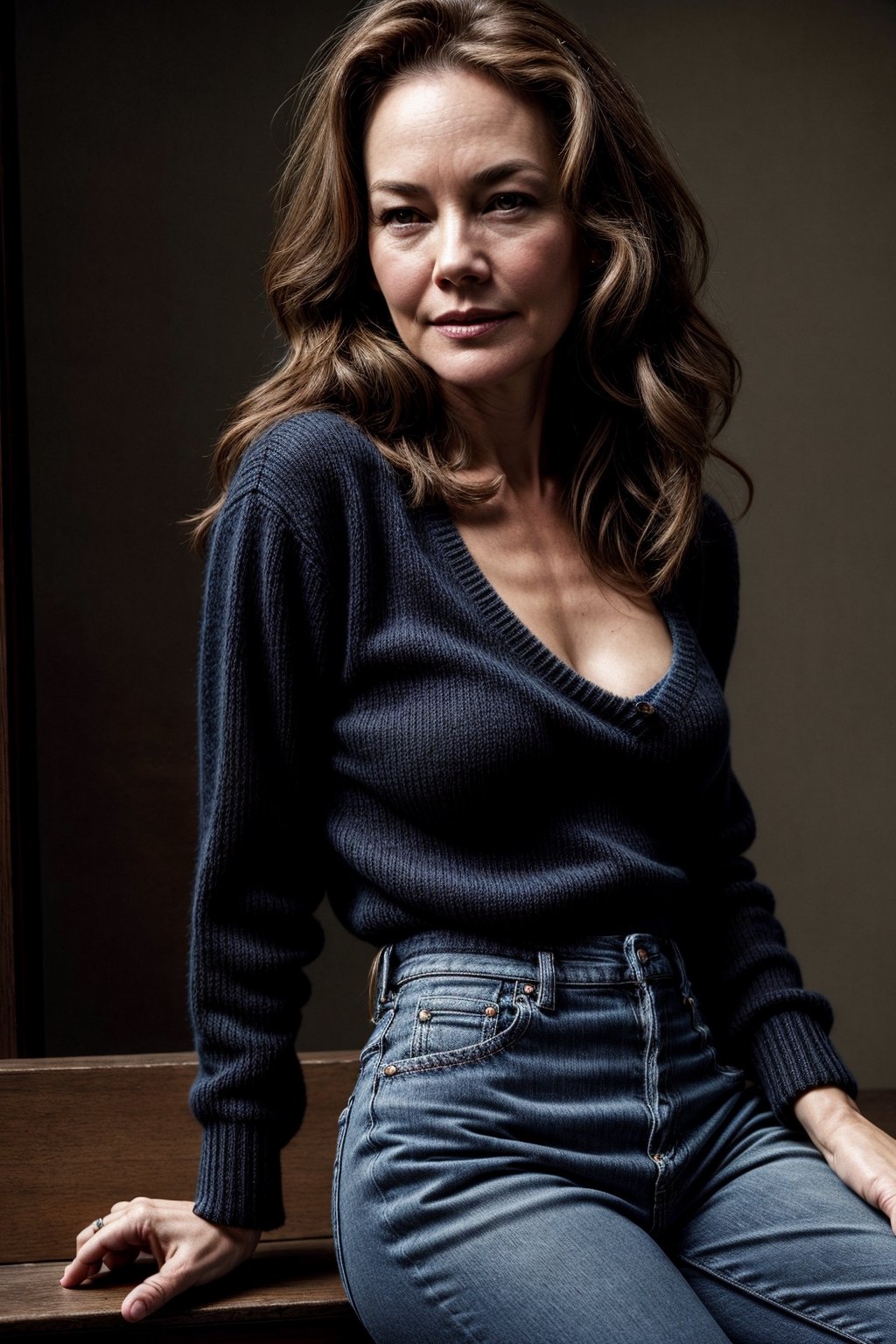 Photorealistic, young Diane Lane, facial portrait, sexy stare, smirked, black top sweater, blue jeans, butt shot 