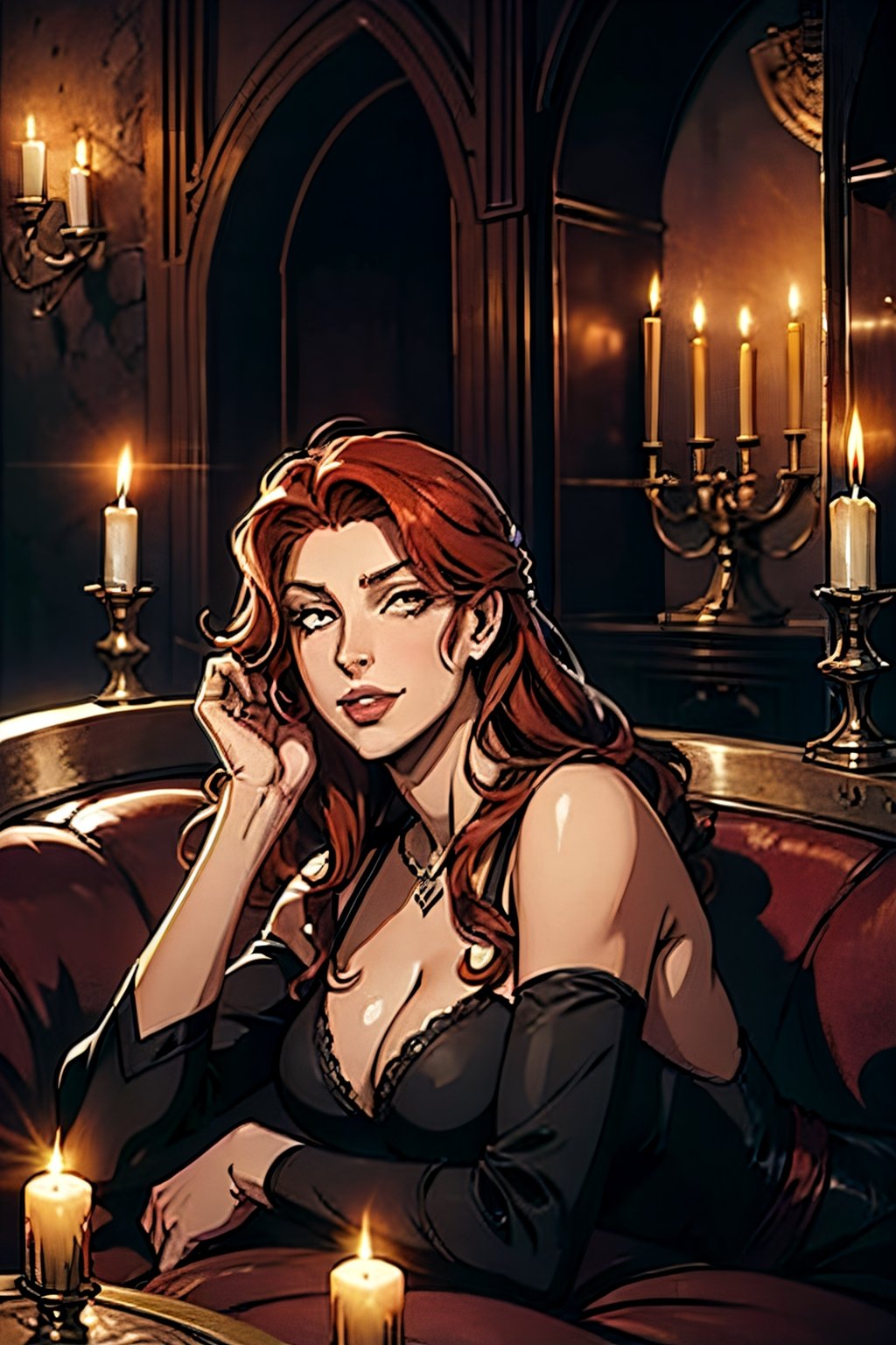 castlevania style, Eleanor, red hair, facial portrait, sexy stare, inside castle, candlelights, laying on the sofa, smirked 