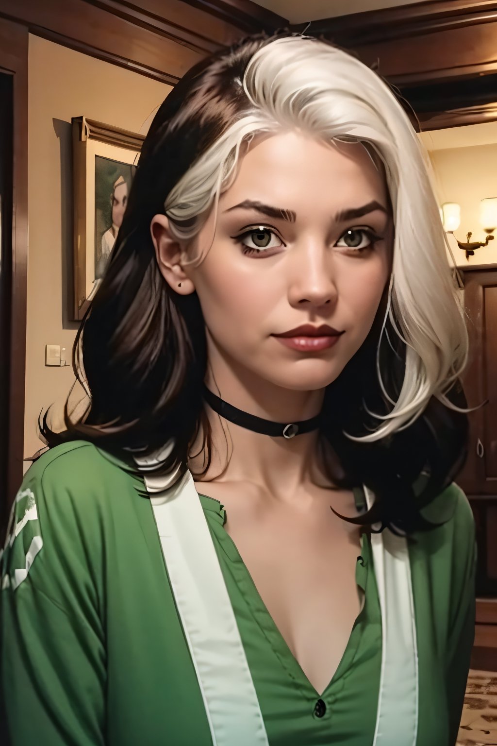 Rogue, facial portrait, sexy stare, smirked, inside of Mansion, 