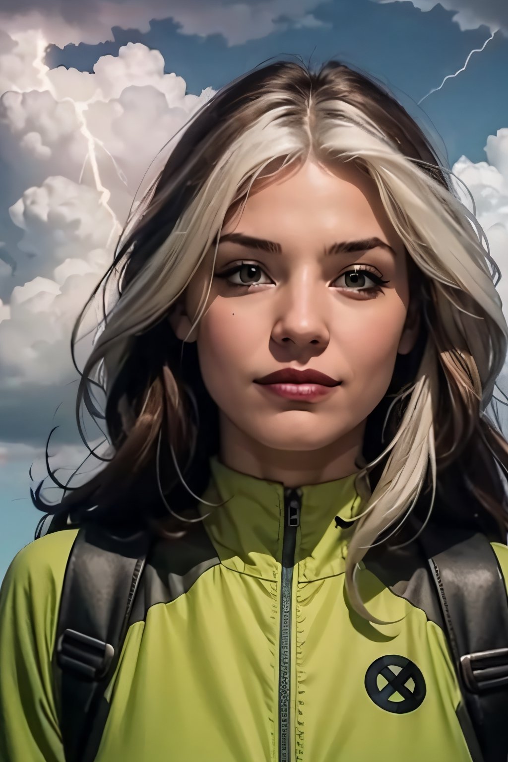 Rogue, facial portrait, sexy stare, smirked, flying through the sky, city below, cloudy sky, lightning, birds, planes, 