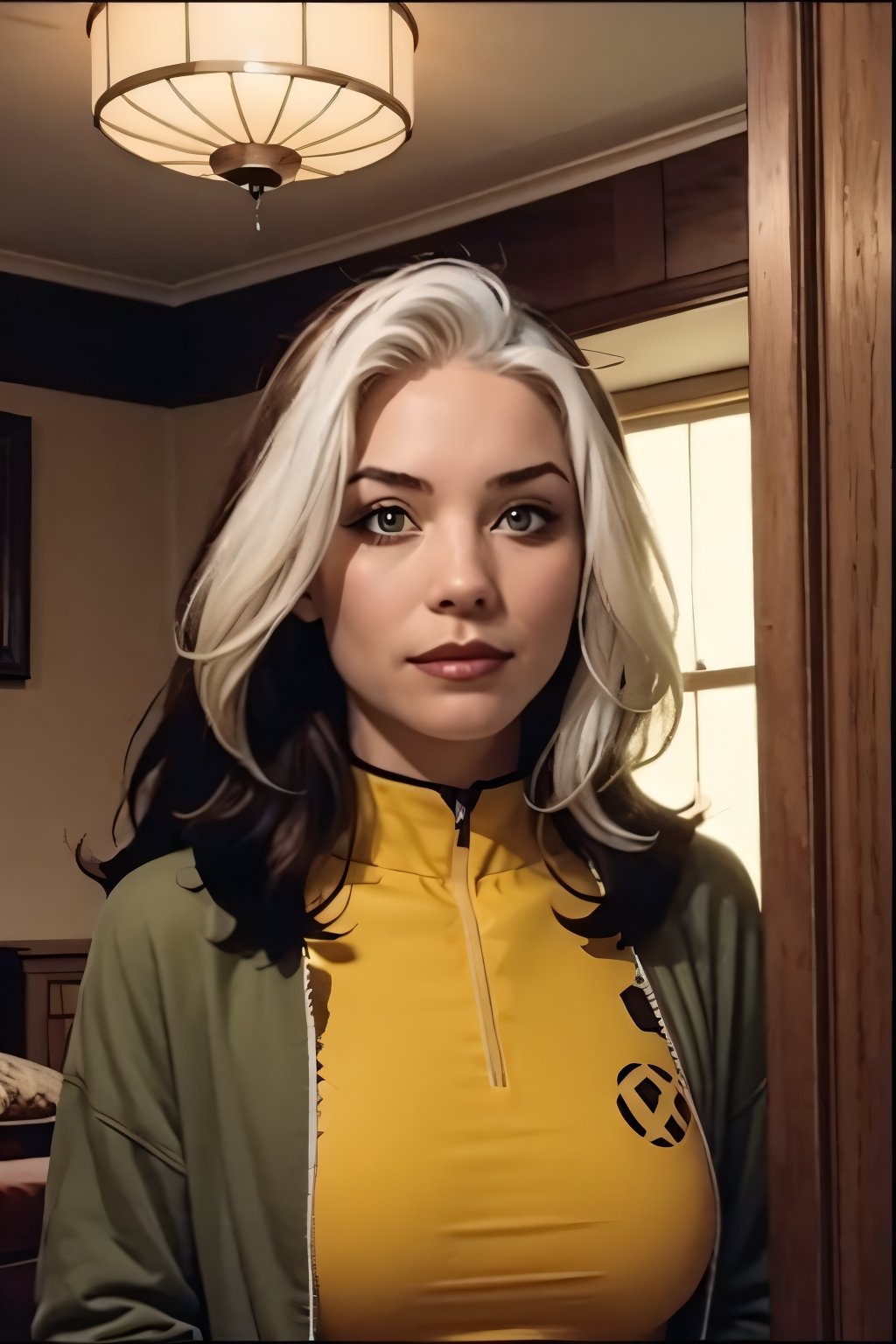 Rogue, facial portrait, sexy stare, smirked, inside of Mansion, 