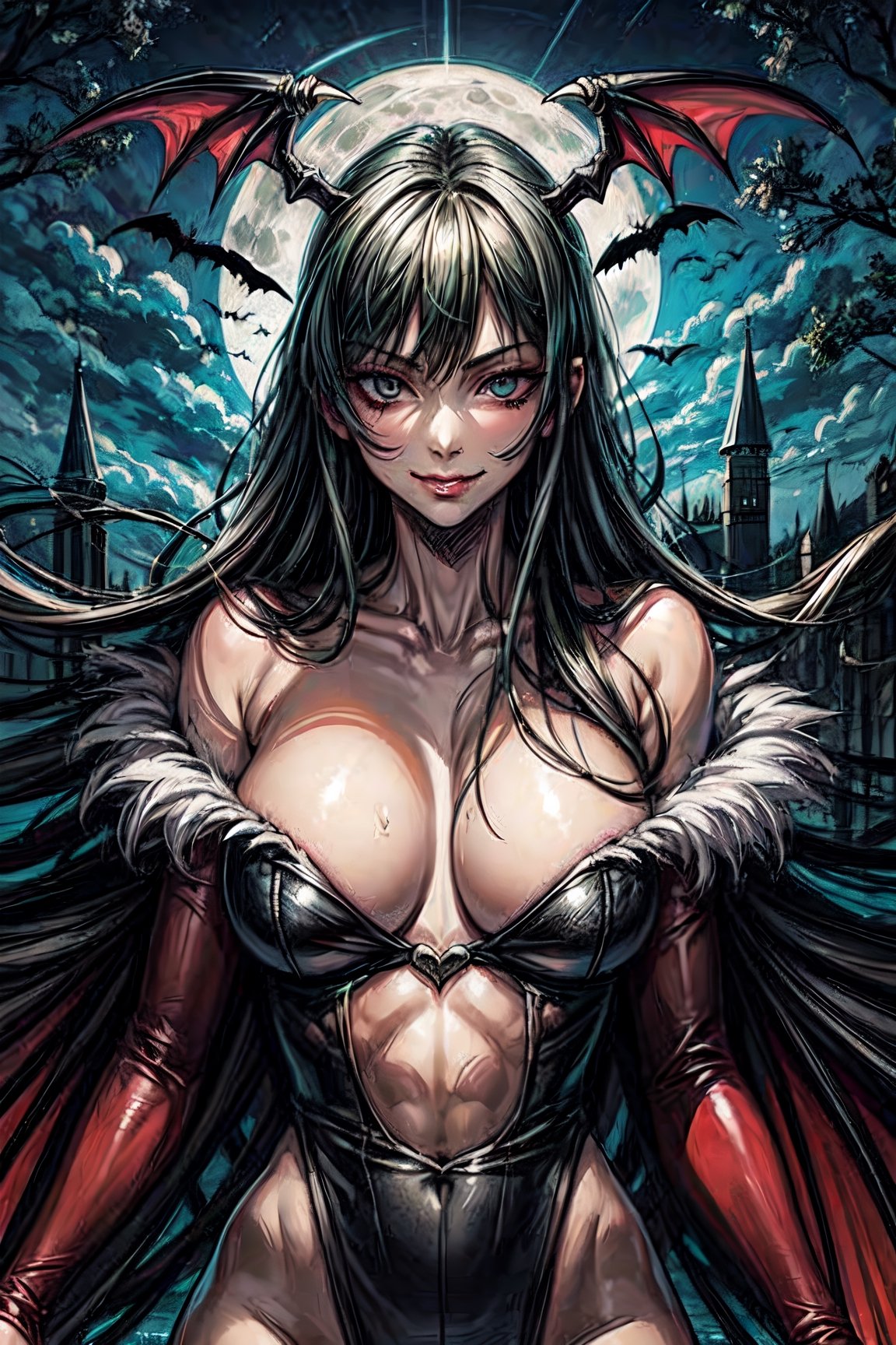 morrigan_aensland_aiwaifu,  facial portrait, sexy stare, smirked, on top of hill, castle, bats, cloudy sky, full moon, forest below, lake, 