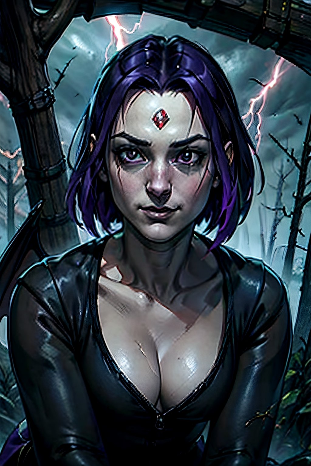 DC, Raven, facial portrait, sexy stare, smirked, dark forest, cloudy sky, lightning, fog, bats, crouched 