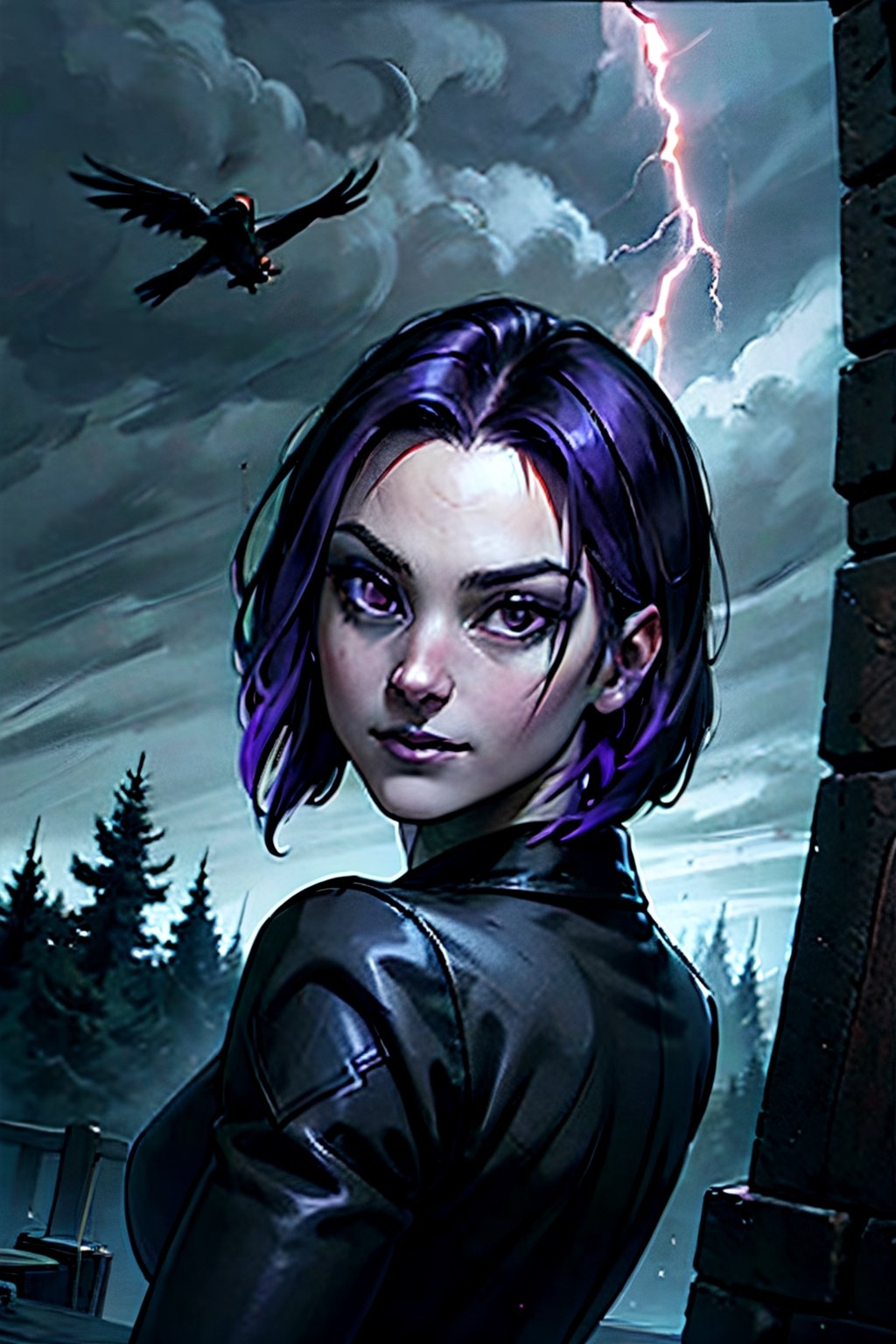 DC, Raven, facial portrait, sexy stare, smirked, dark forest, cloudy sky, lightning, fog, ravens flying, from behind 