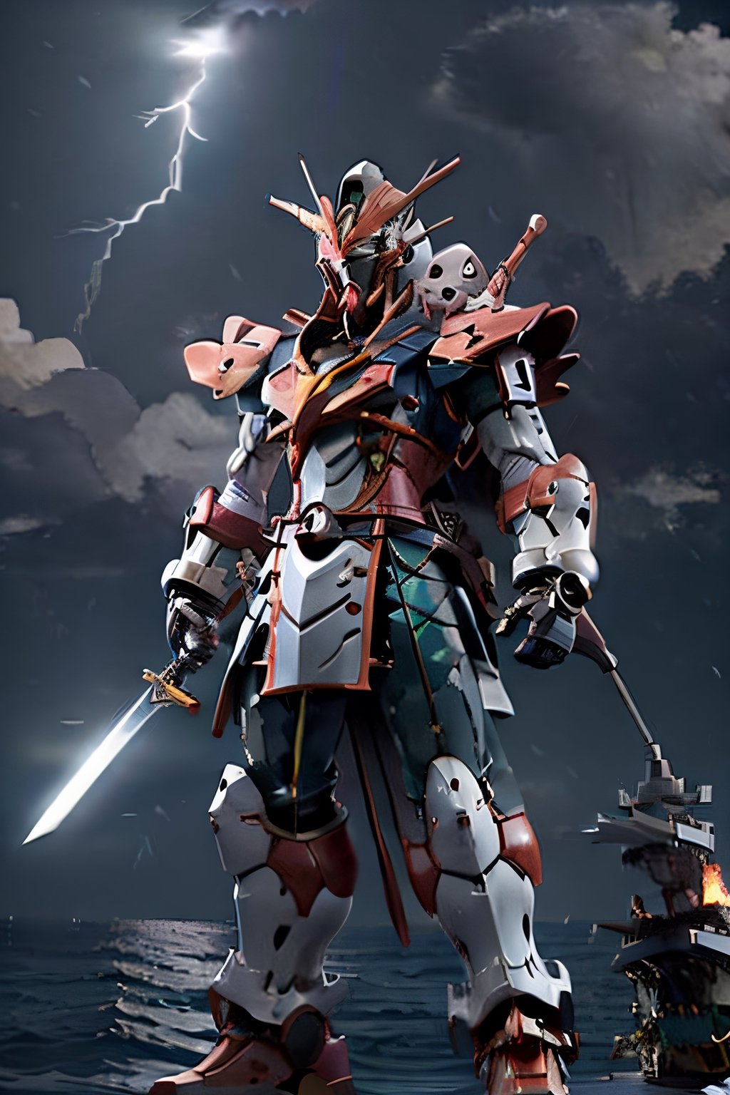 BJ_Gundam, facial portrait, full body, fighting,  fire sword, ocean, big battleships, cloudy sky, lightning, ,sea monster