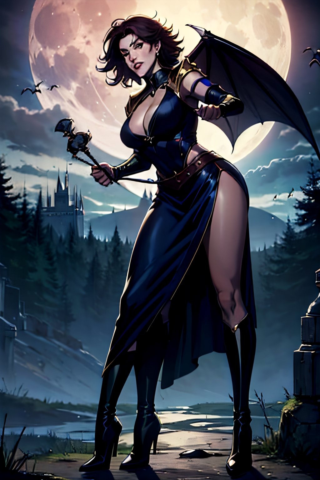 castlevania style, Julia Belmont, facial portrait, sexy stare, smirked, full body, sexy pose, forest, cloudy sky, bats flying around, castle on the horizon, full moon, whip in hand