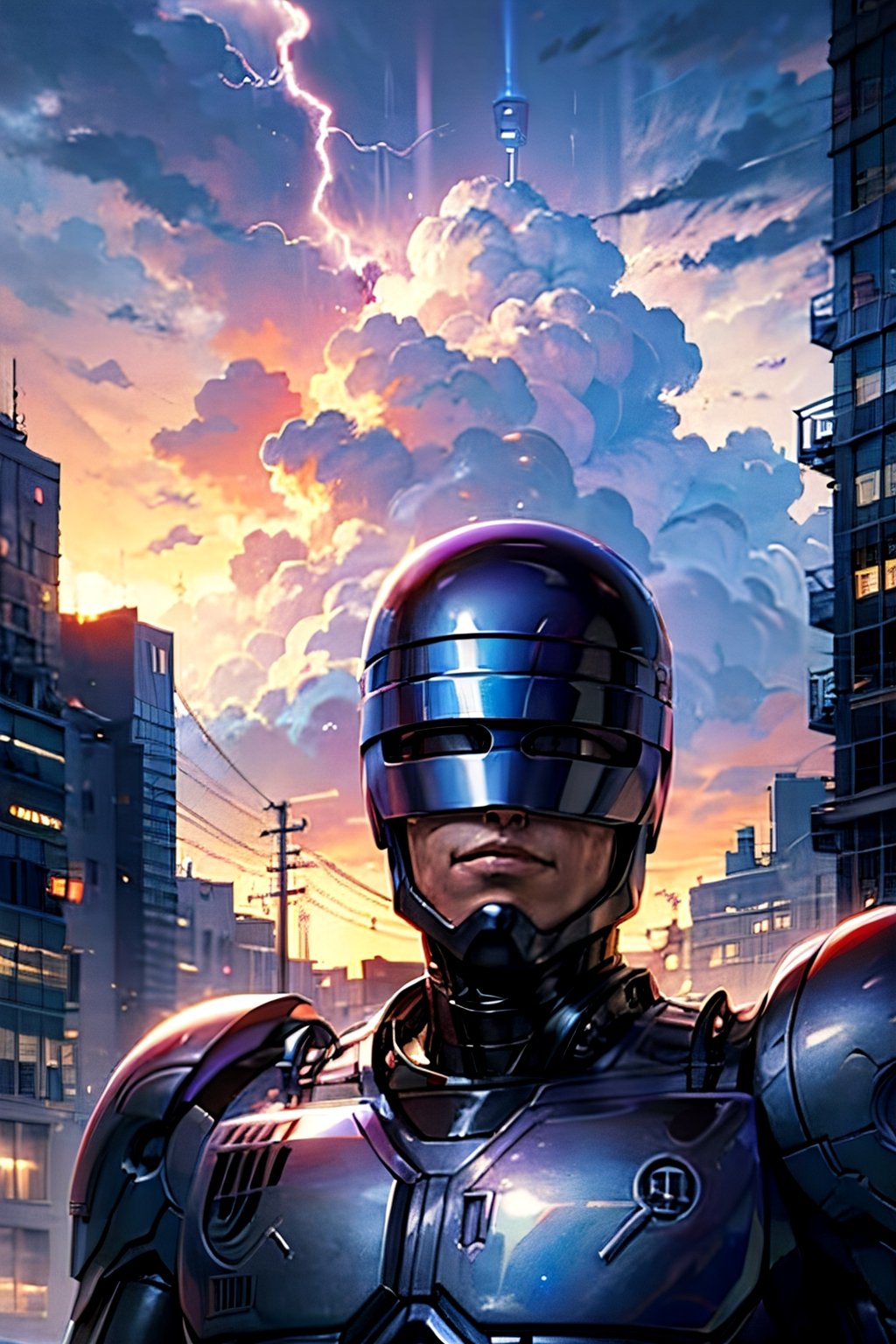 Robocop, facial portrait, smirked, walking through the futuristic city,  cloudy sky, lightning, 