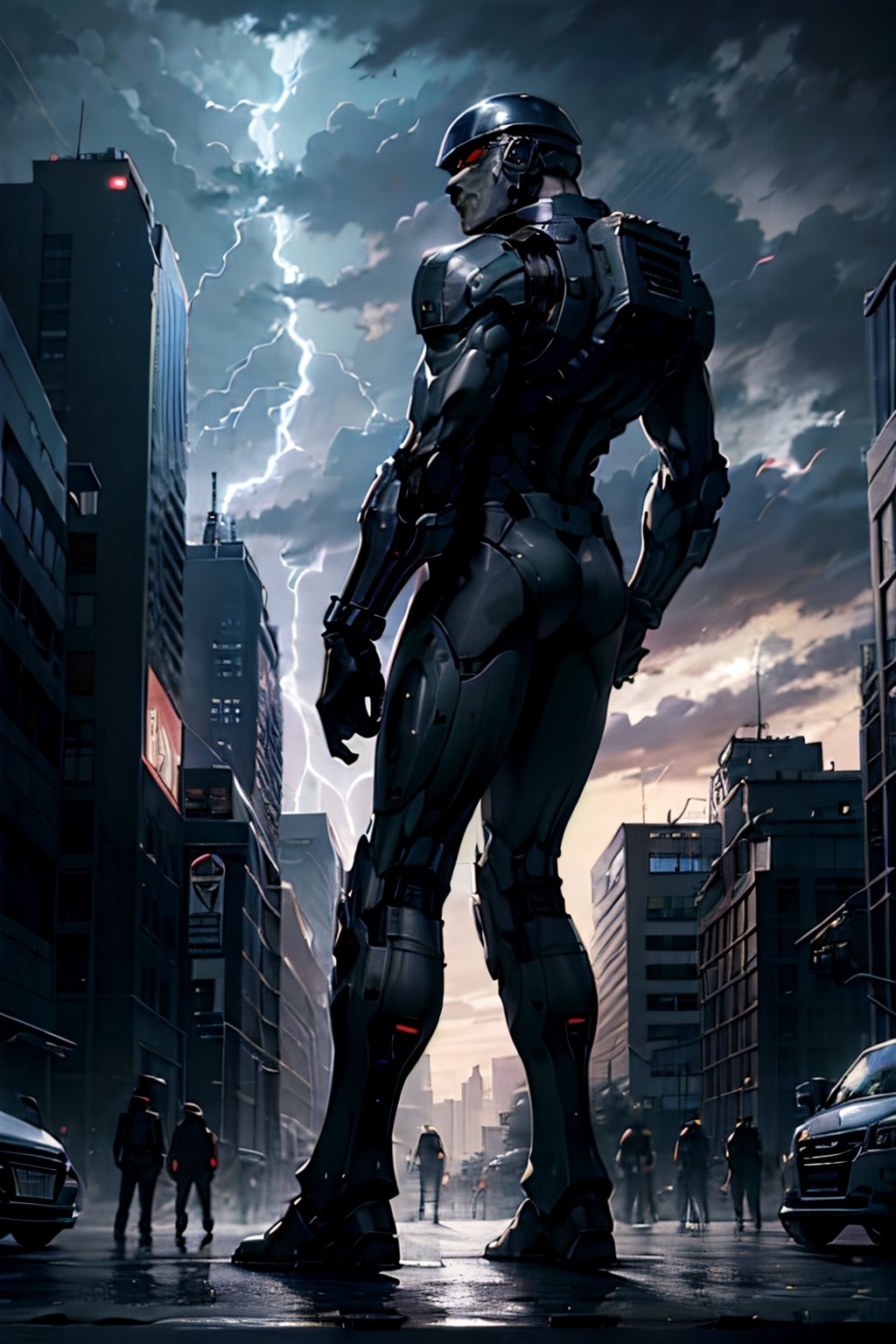 Ed-209, Standing menacing,  futuristic city, cloudy sky, lightning, crowds, cars, from behind 