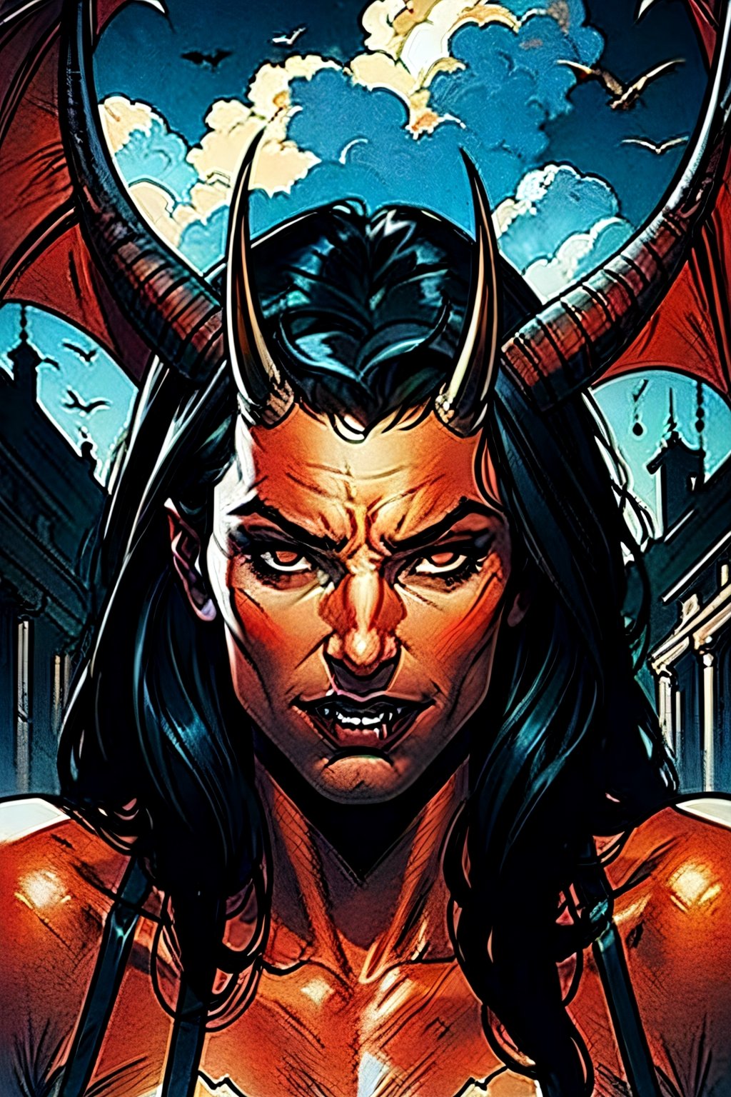 Purgatori, red skin, horns, vampire fangs,  facial portrait, sexy stare, smirked, inside palace, cloudy sky, birds, 