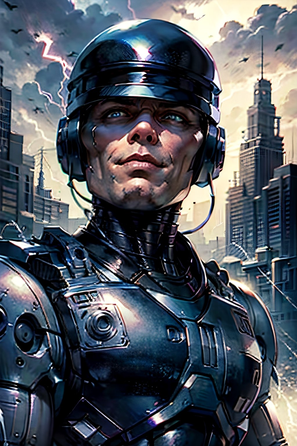 Robocop, facial portrait, smirked, futuristic city, cloudy sky, lightning, 