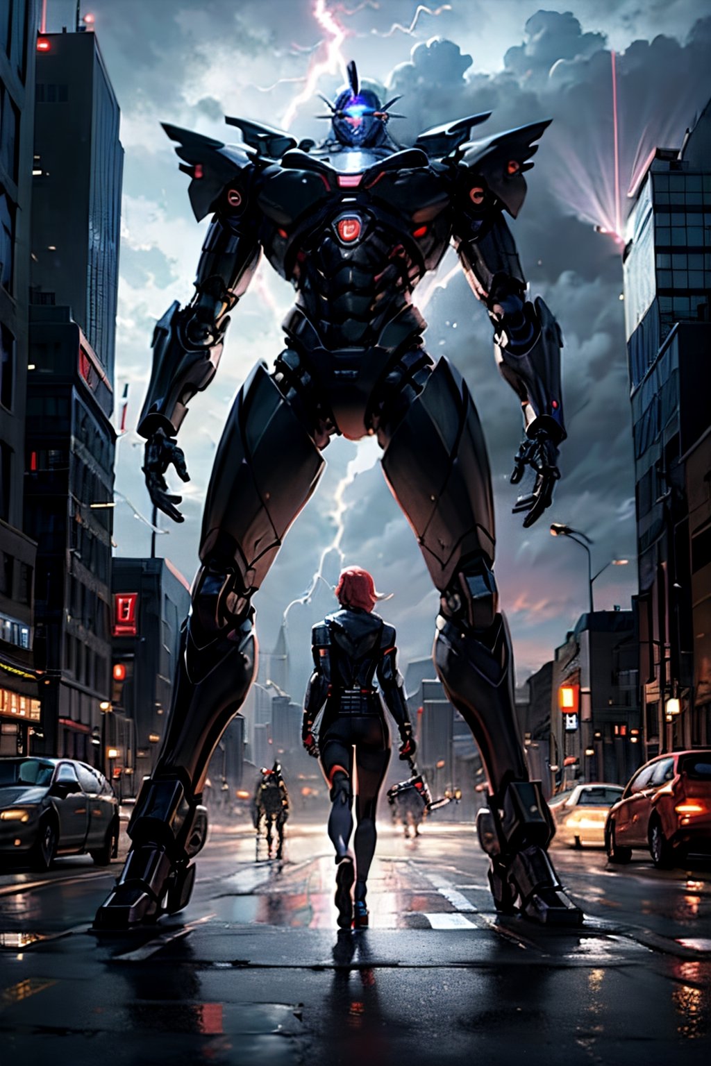 Robocop fighting Terminator, full body, Standing menacing, futuristic city, cloudy sky, lightning, crowds, cars 