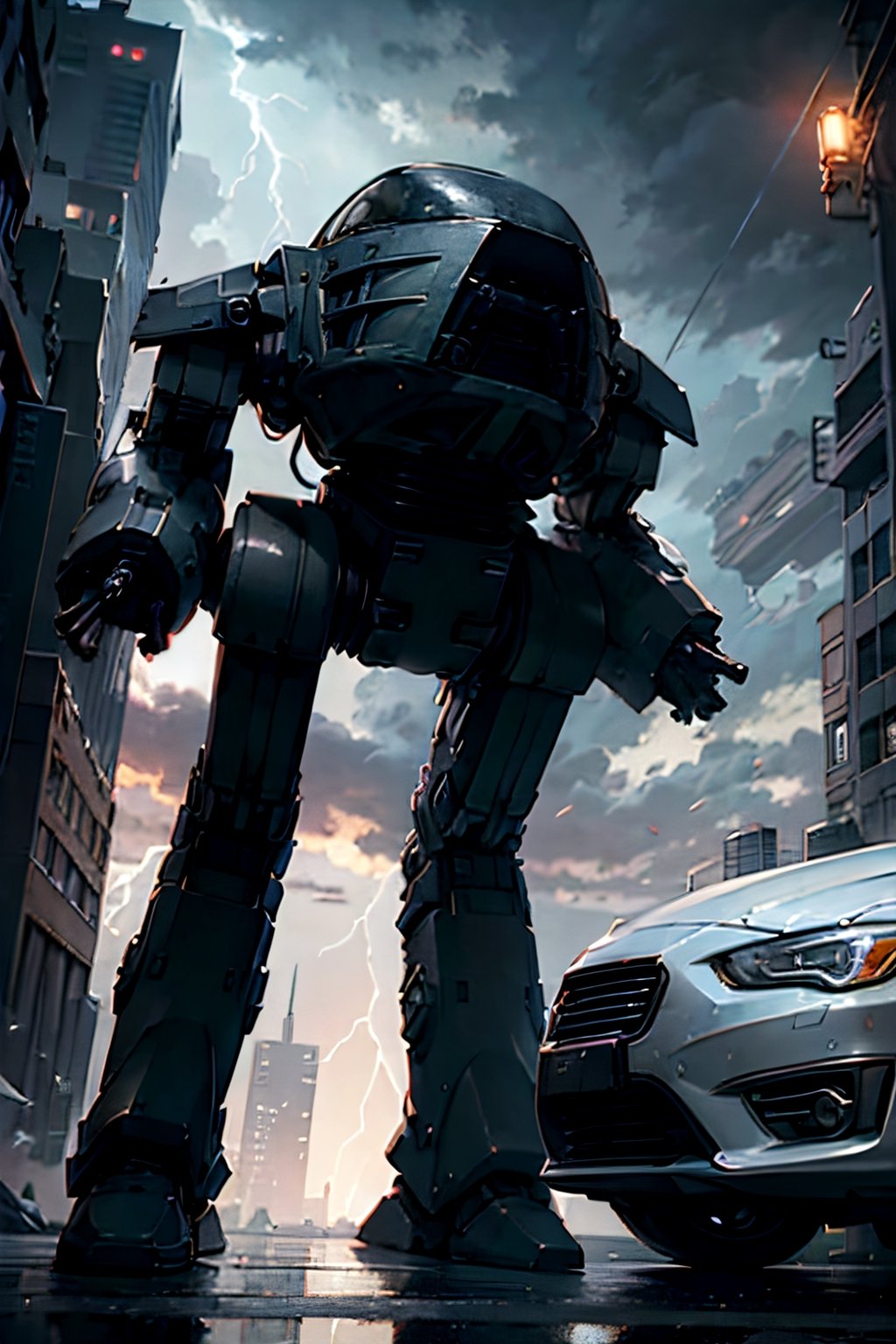 Ed-209, futuristic city, cloudy sky, lightning, crowds, cars, 