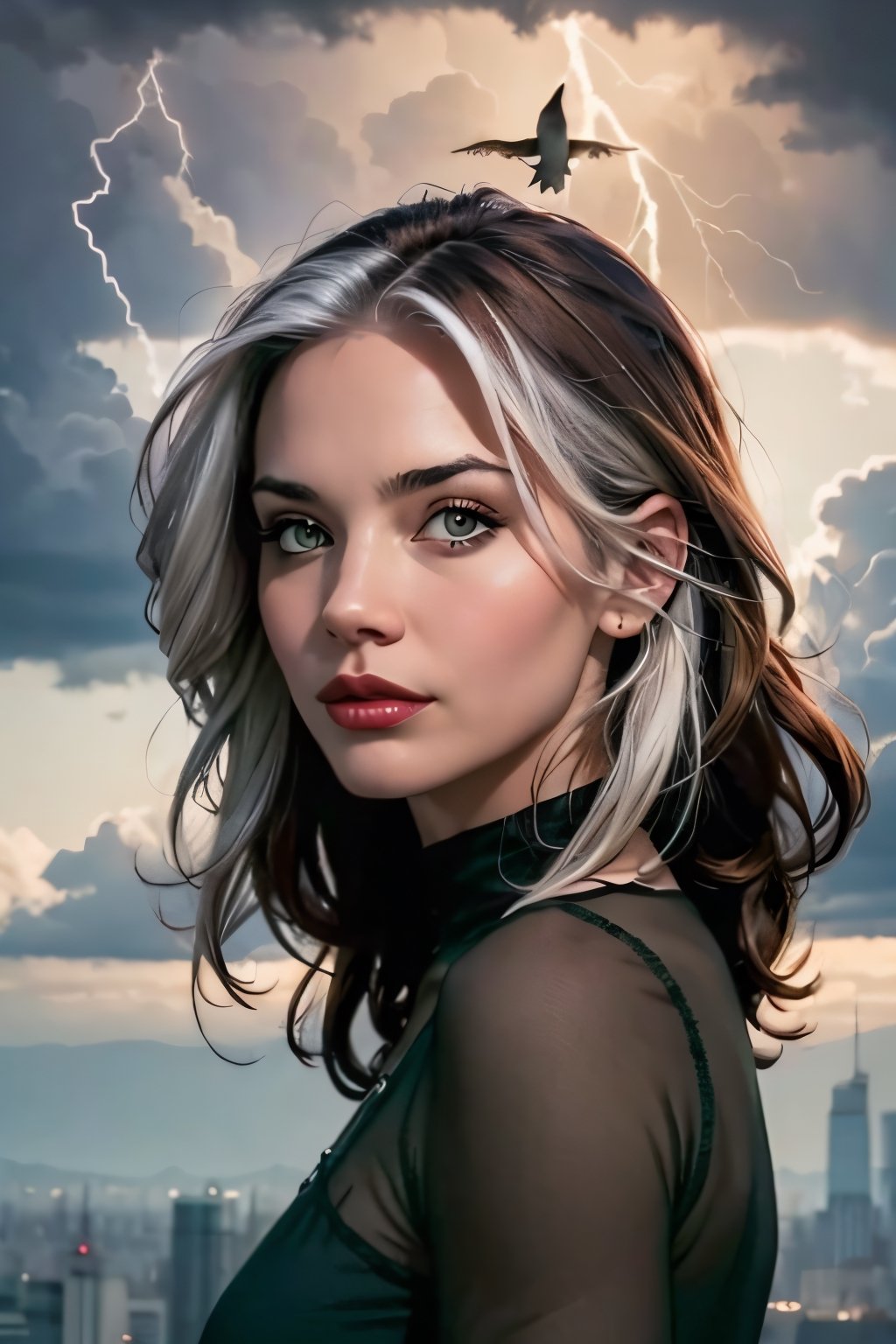 Rogue, facial portrait, sexy stare, smirked, flying through the sky, city below, cloudy sky, lightning, birds, planes, 