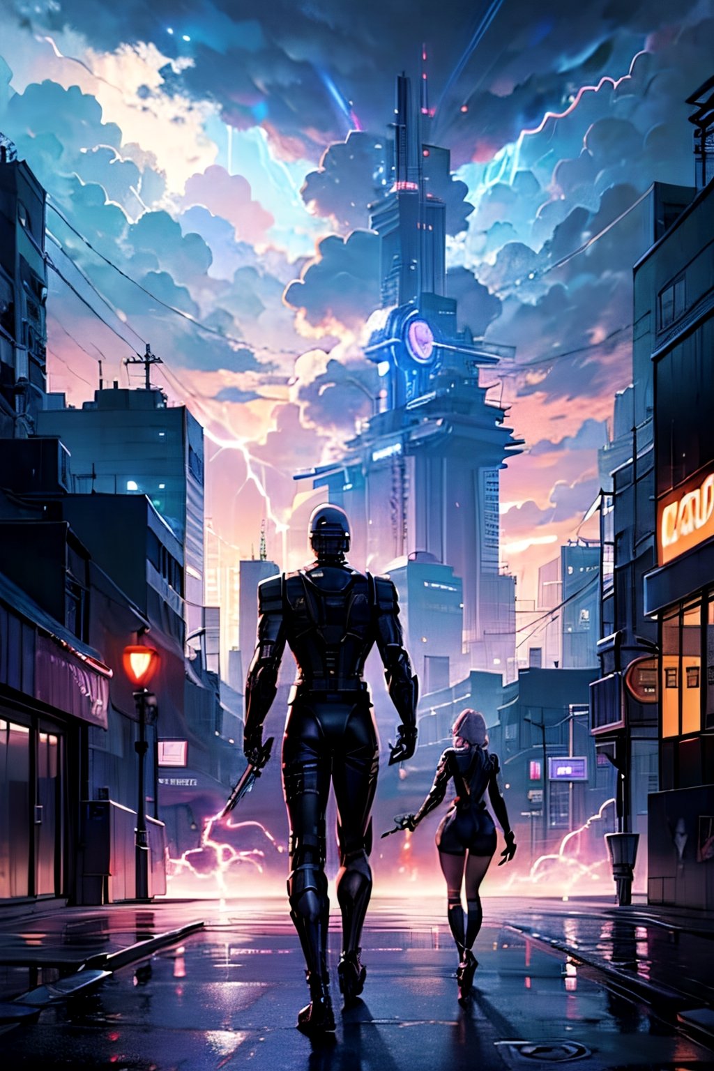 Robocop, facial portrait, smirked, walking through the futuristic city,  cloudy sky, lightning, from behind 