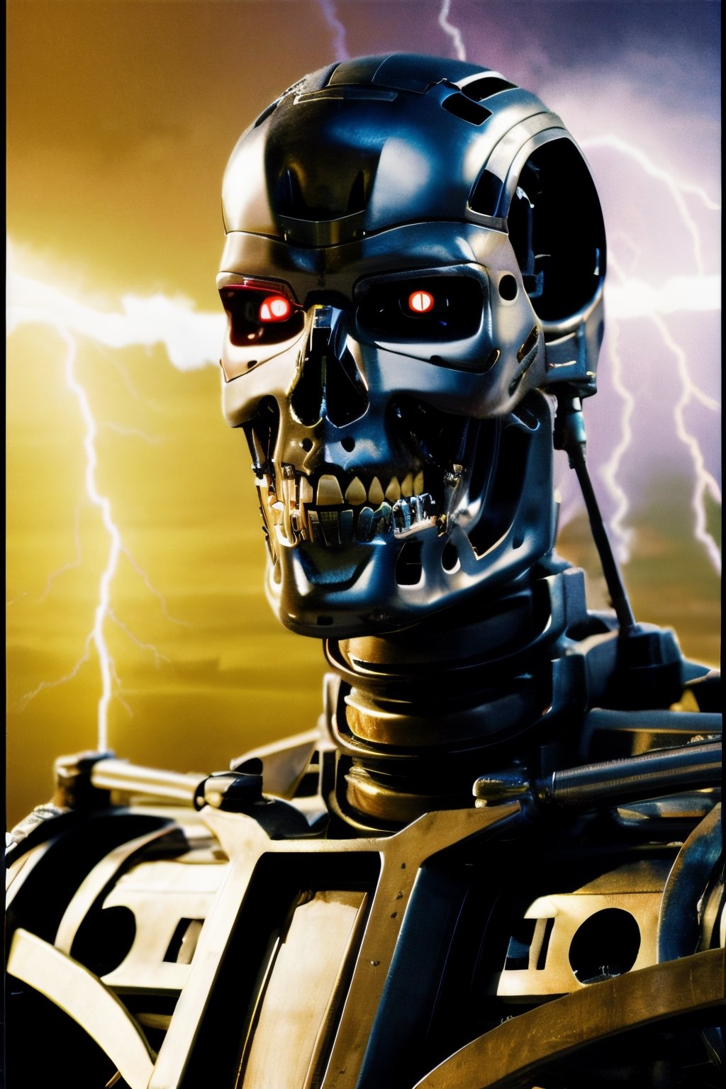 T800Endoskeleton,  facial portrait, cloudy sky, lightning, futuristic wasteland, 