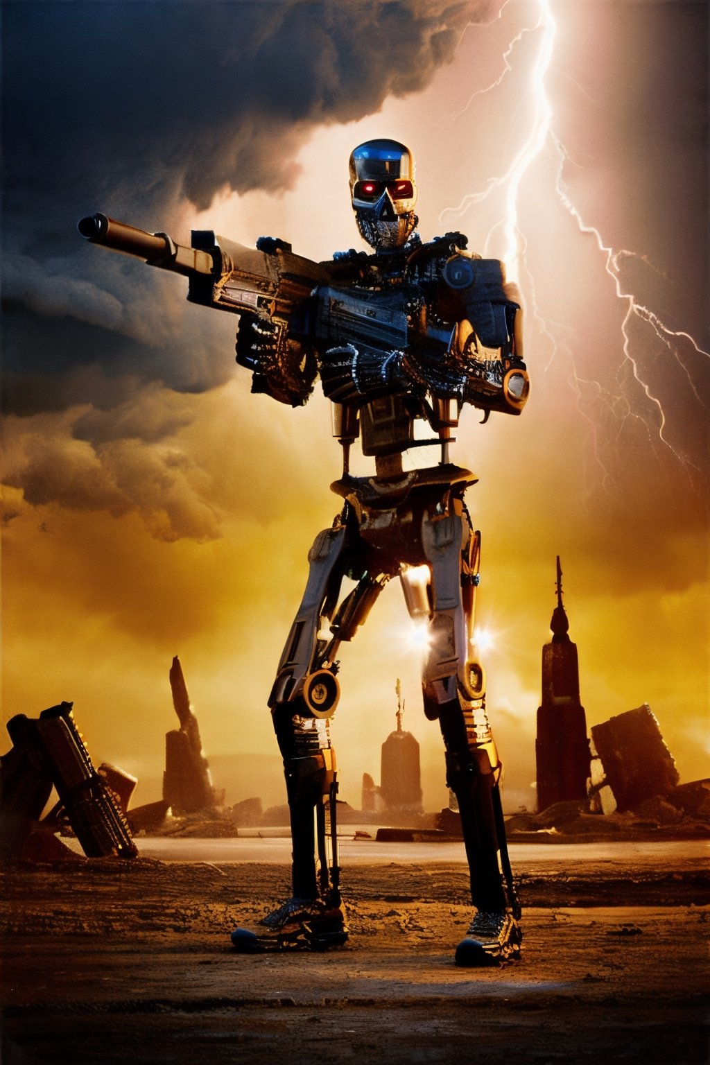 Multiple T800Endoskeleton,  facial portrait, anal portrait, full body, standing menacing, machine gun, cloudy sky, lightning, futuristic wasteland, 