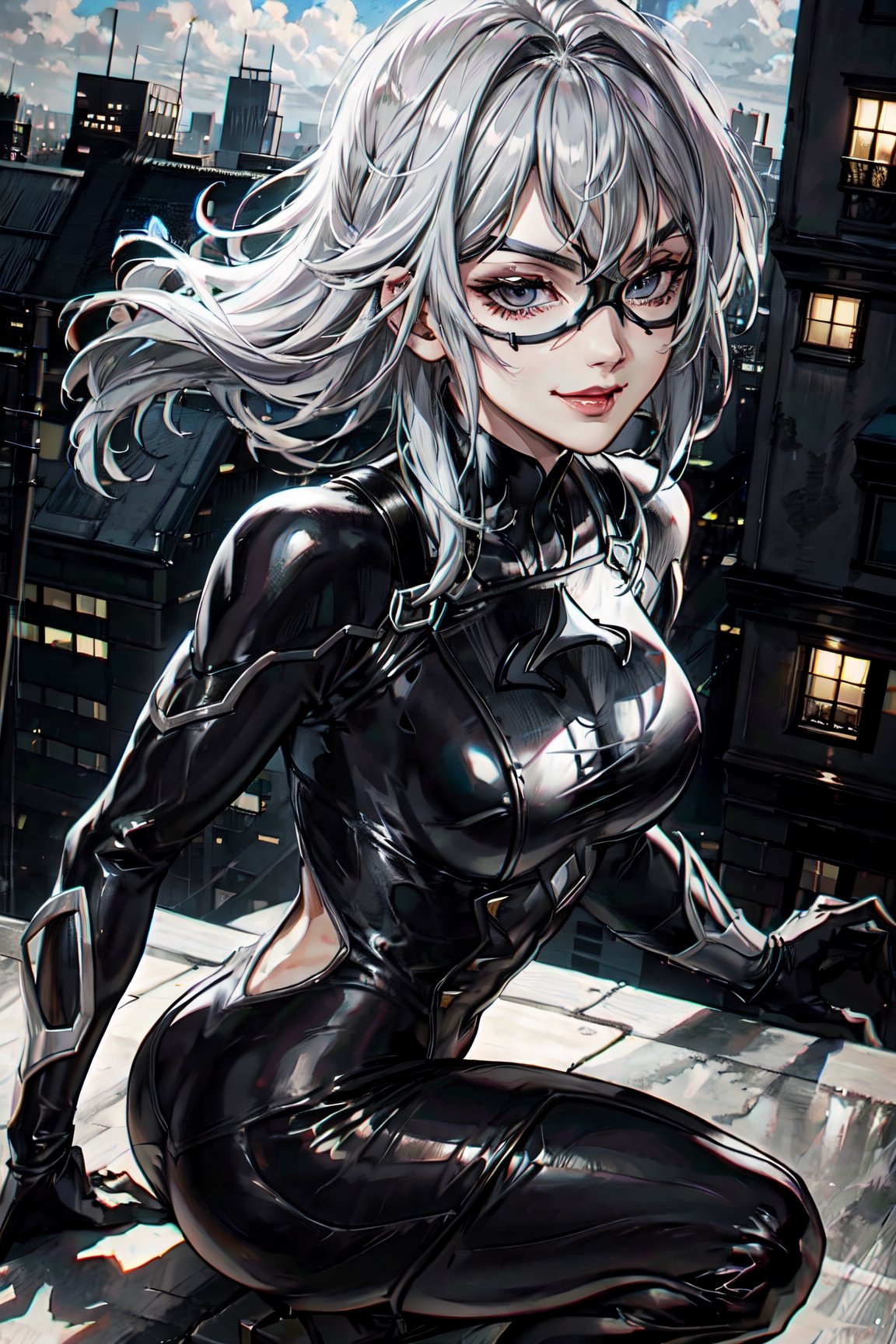 MarvelBlackCat, facial portrait, sexy stare, smirked, on top of building, city below, cloudy sky, from behind 