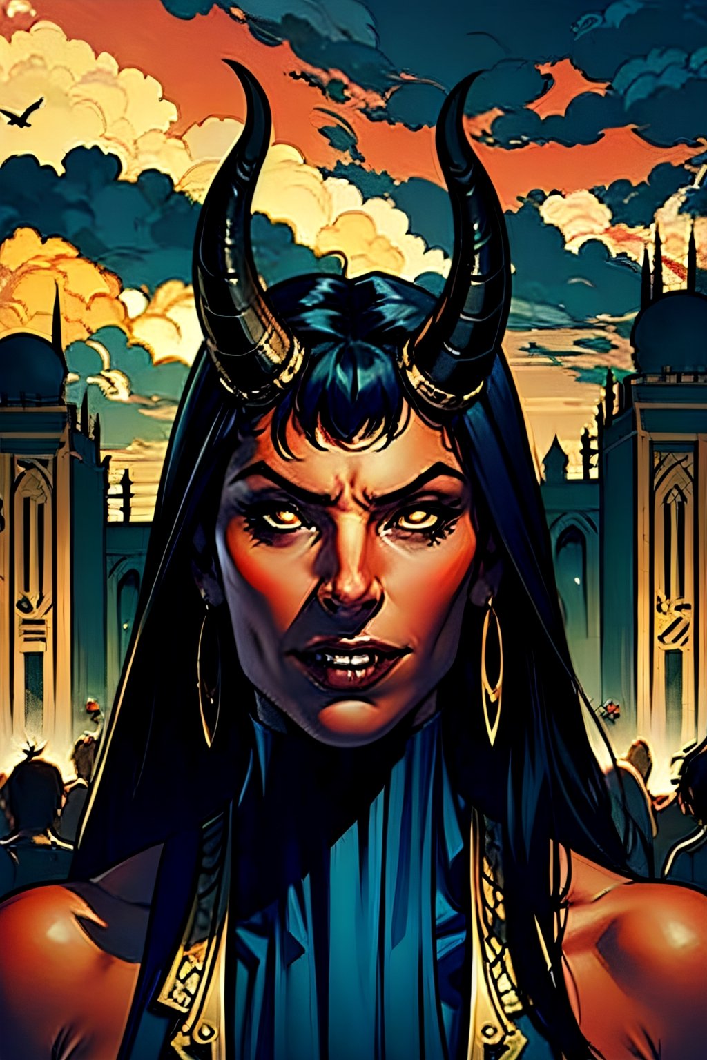 Purgatori, red skin, horns, vampire fangs,  facial portrait, sexy stare, smirked, inside pharaoh palace, crowds, cloudy sky, birds, screaming, 