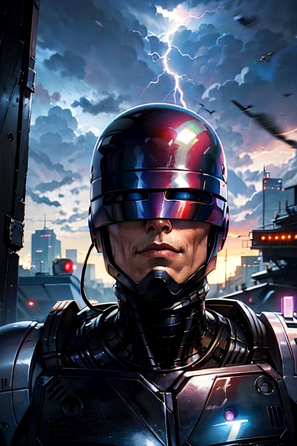 Robocop, facial portrait, smirked, walking through the futuristic city,  cloudy sky, lightning, 