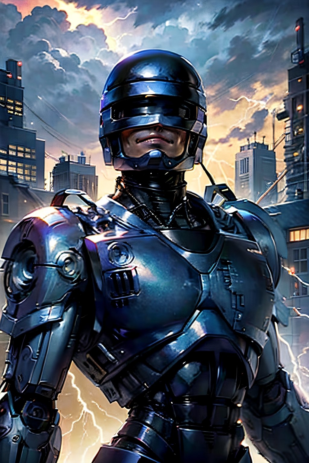 Robocop, facial portrait, smirked, futuristic city, cloudy sky, lightning, 