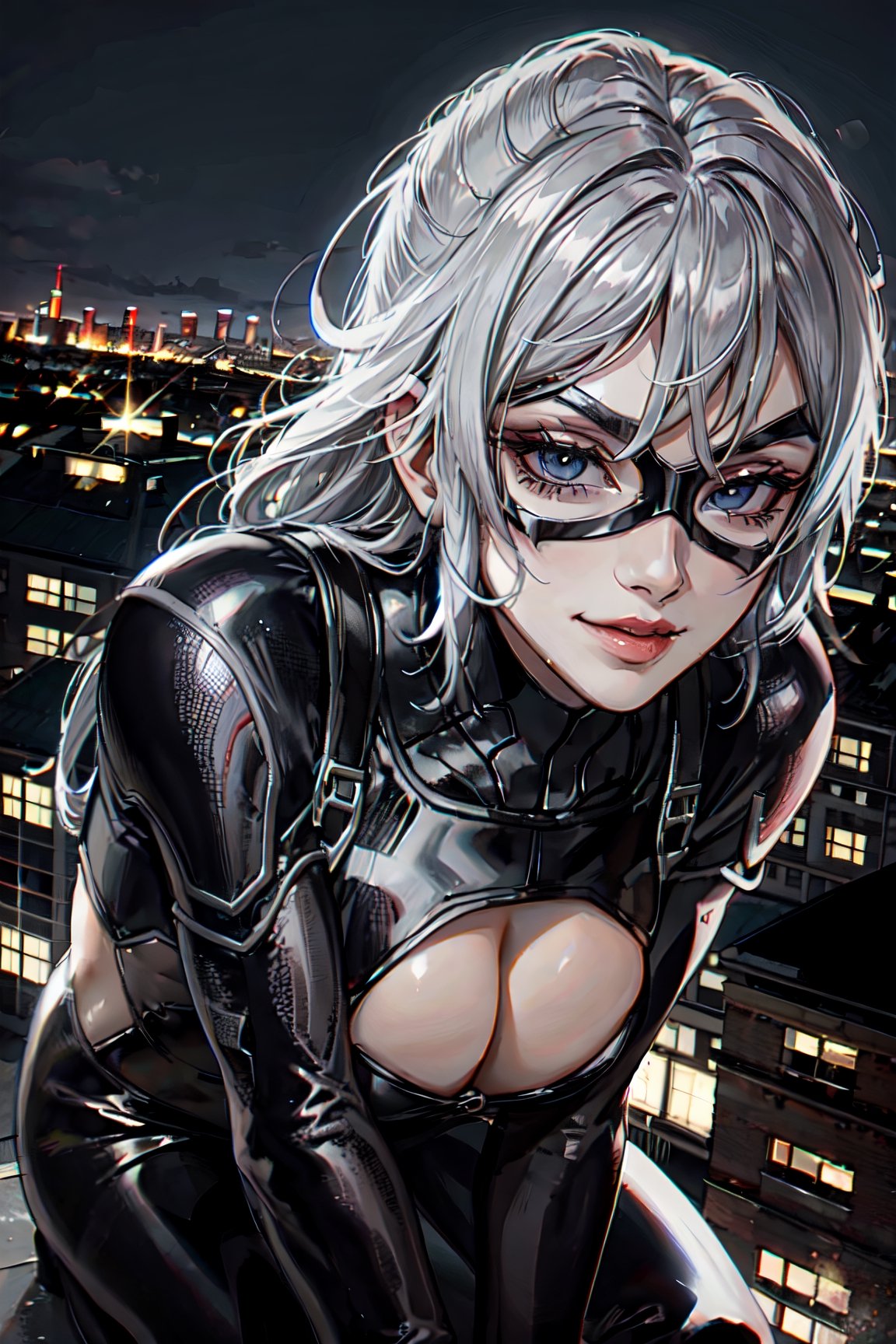 MarvelBlackCat, facial portrait, sexy stare, smirked, on top of building, night sky, city below, 