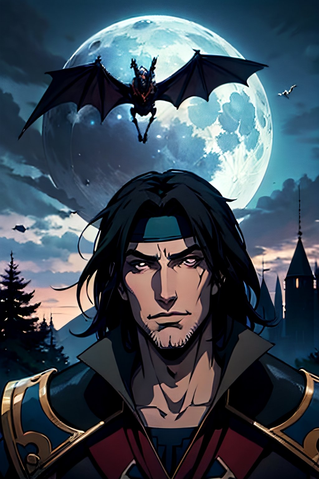 castlevania style, Richter Belmont, white headband, facial portrait, sexy stare, smirked, forest, cloudy sky, bats flying around, castle on the horizon, full moon, whip in hand 