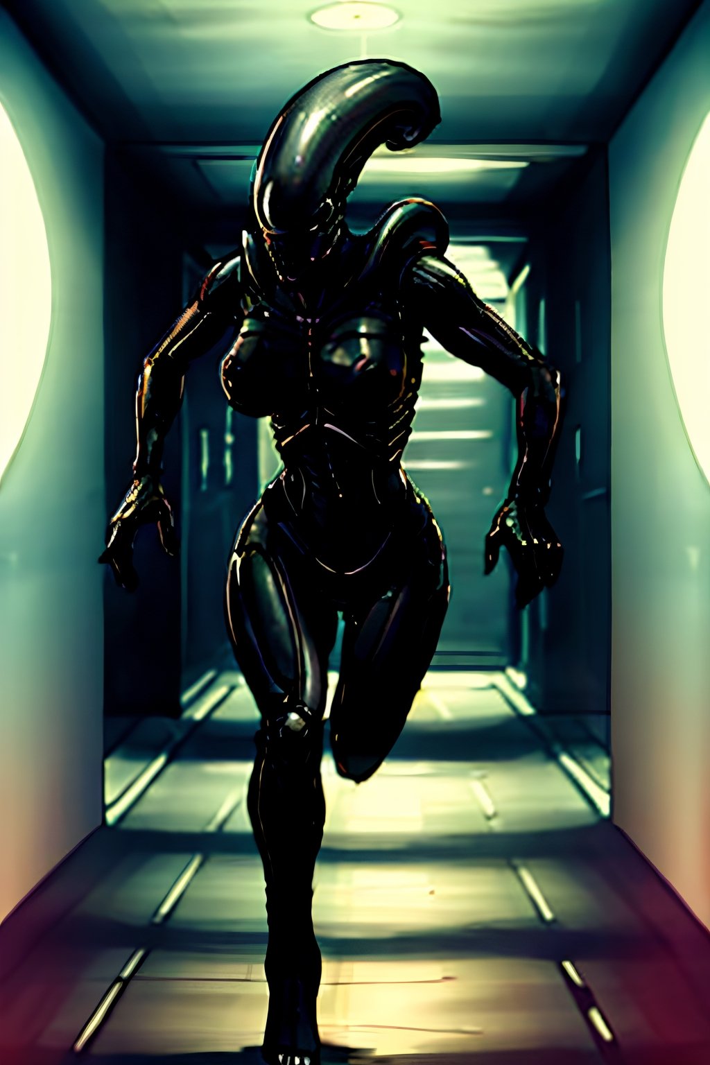 Xenomorph, facial portrait, menacing look, running through the hallway of spaceship,  llaser shooting at it