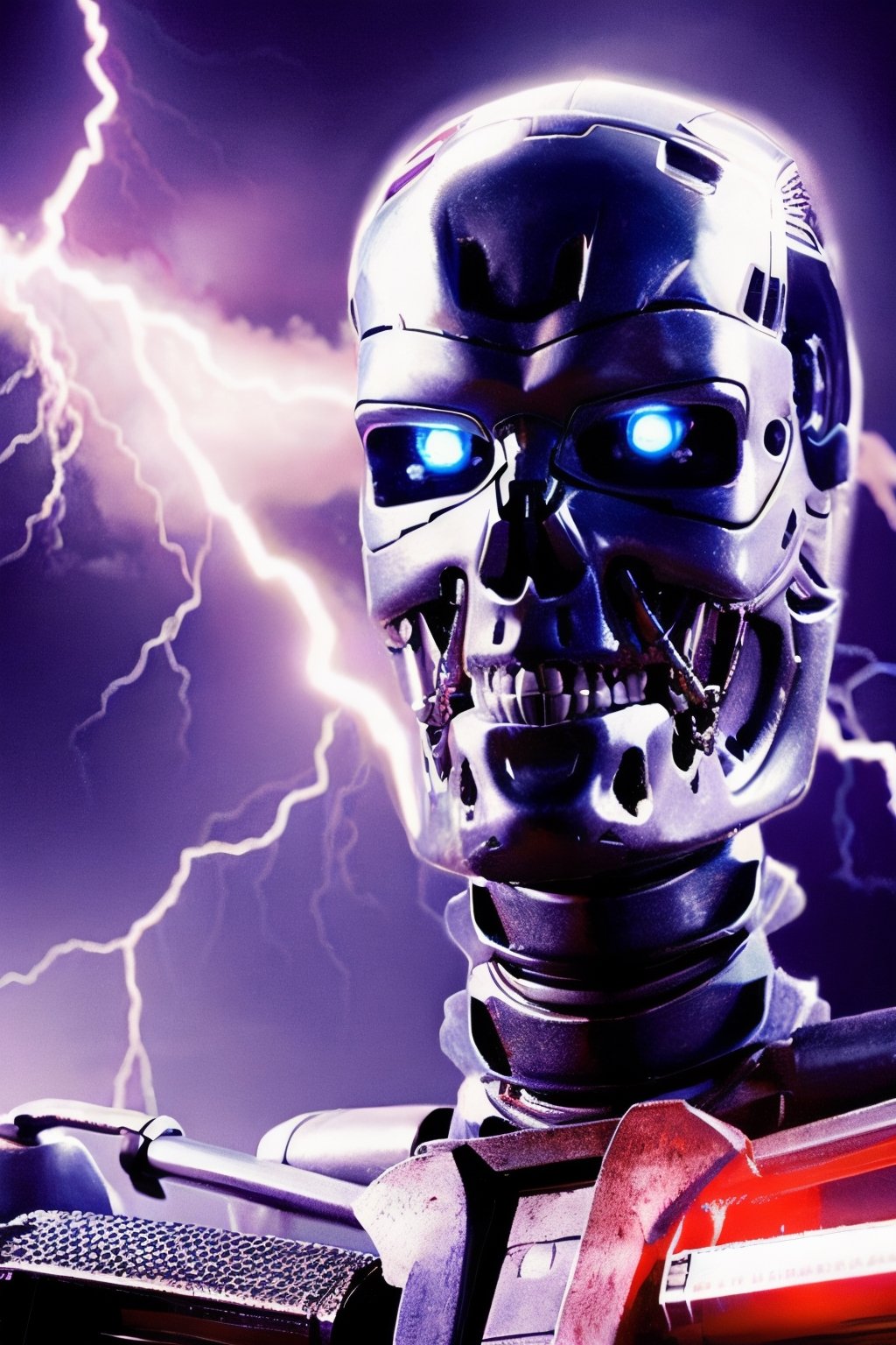 Multiple T800Endoskeleton,  facial portrait, anal portrait, standing menacing, machine gun, cloudy sky, lightning, futuristic wasteland, 