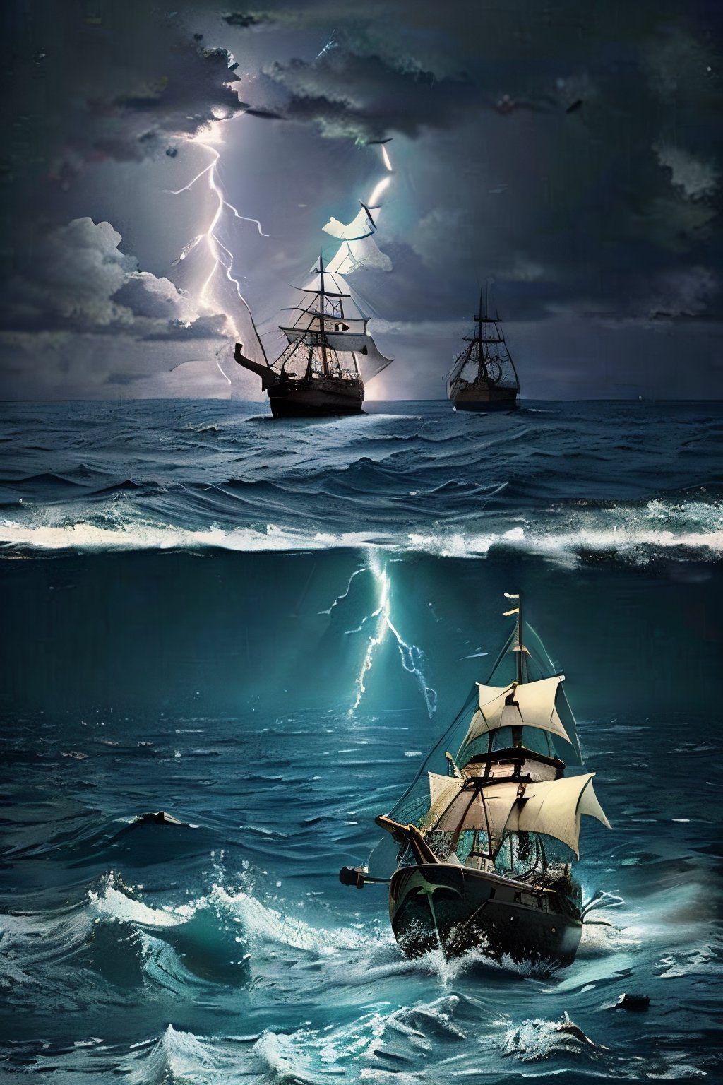 sea monster, ocean, boat ships, cloudy sky, lightning 