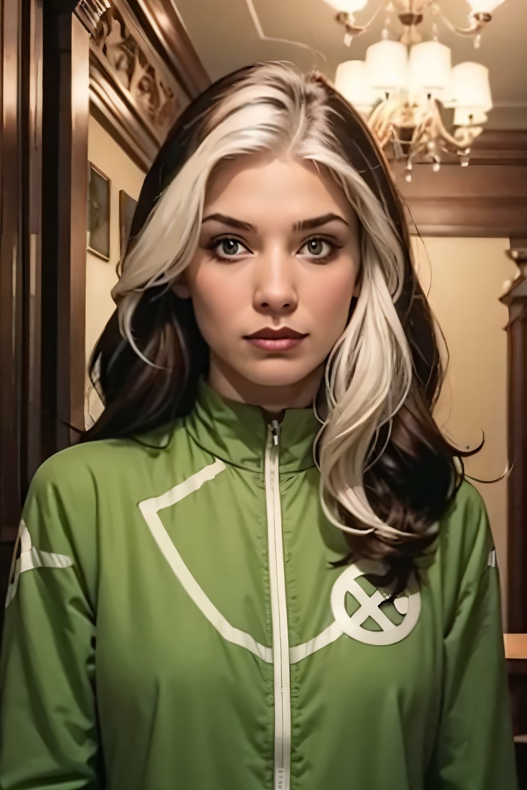 Rogue, facial portrait, sexy stare, smirked, inside of Mansion, 