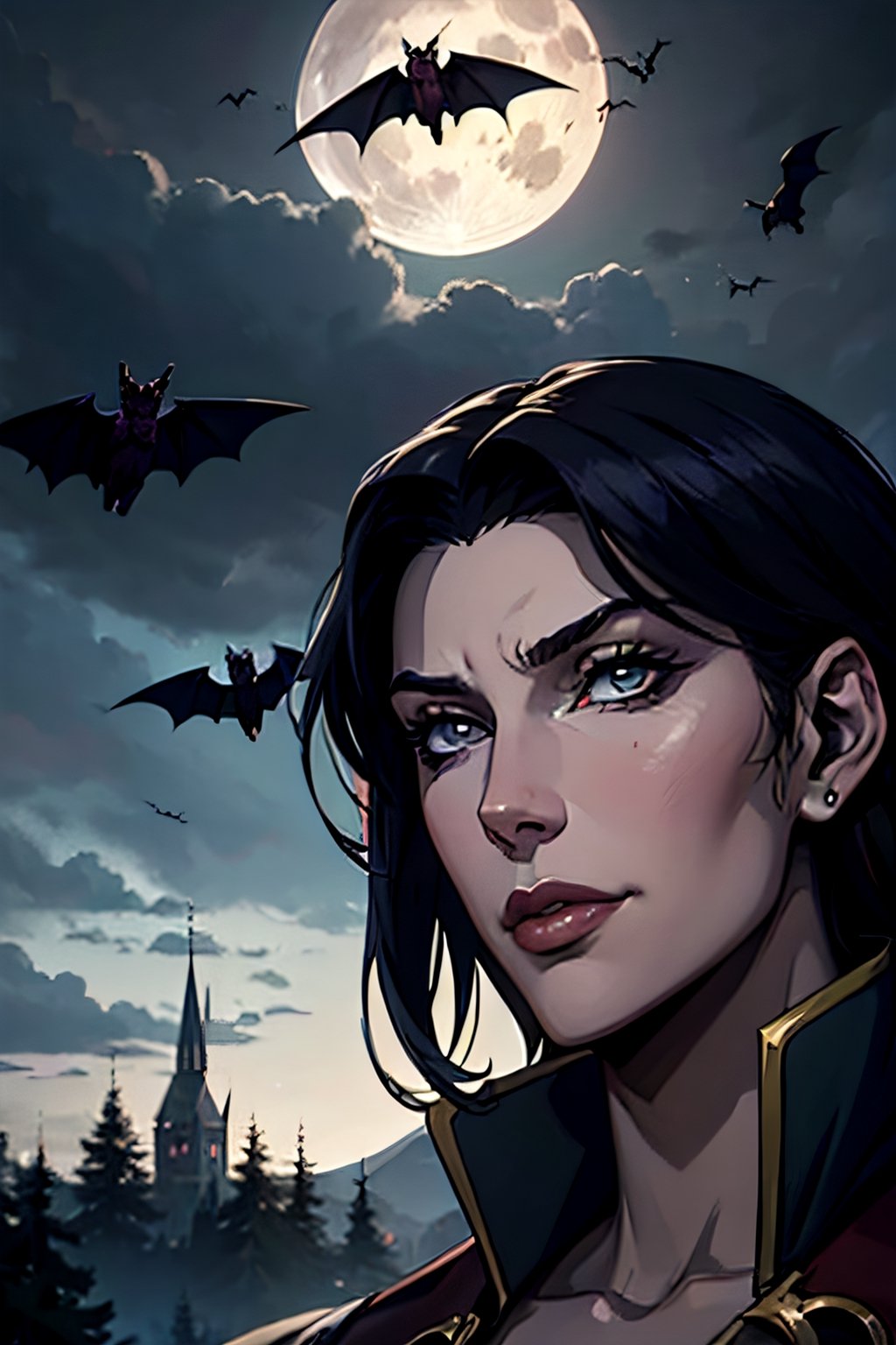 castlevania style, Julia Belmont, facial portrait, sexy stare, smirked, forest, cloudy sky, bats flying around, castle on the horizon, full moon, whip in hand