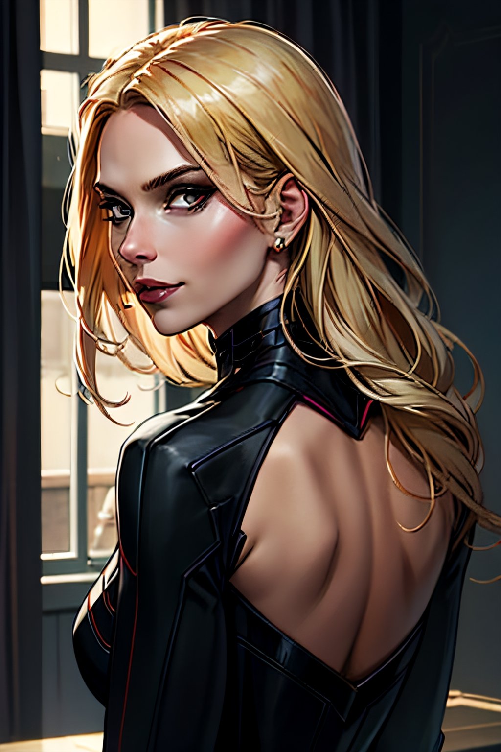 sks woman, black widow, blonde hair, facial portrait, sexy stare, smirked, inside base, from behind 
