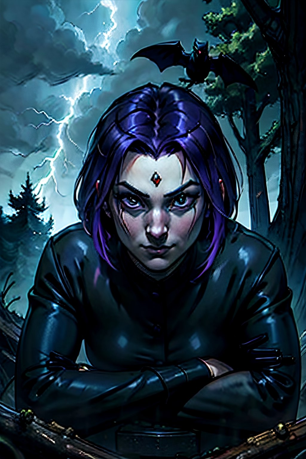 DC, Raven, facial portrait, sexy stare, smirked, dark forest, cloudy sky, lightning, fog, bats, crouched 