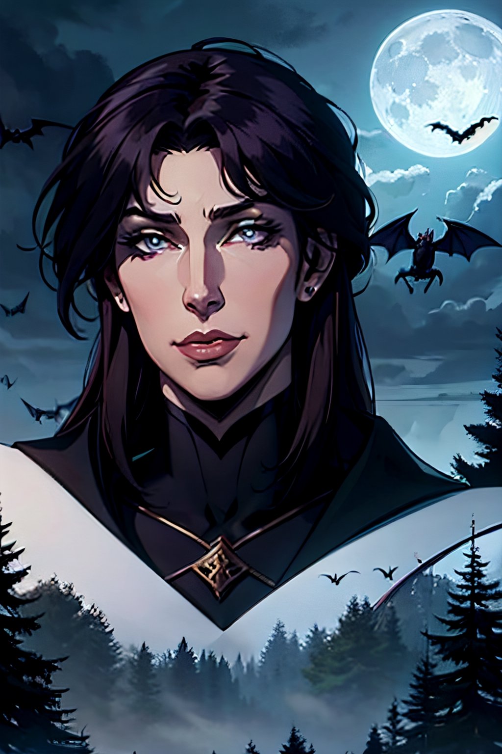 castlevania style, Julia Belmont, facial portrait, sexy stare, smirked, forest, cloudy sky, bats flying around, castle on the horizon, full moon, whip in hand,  from behind 