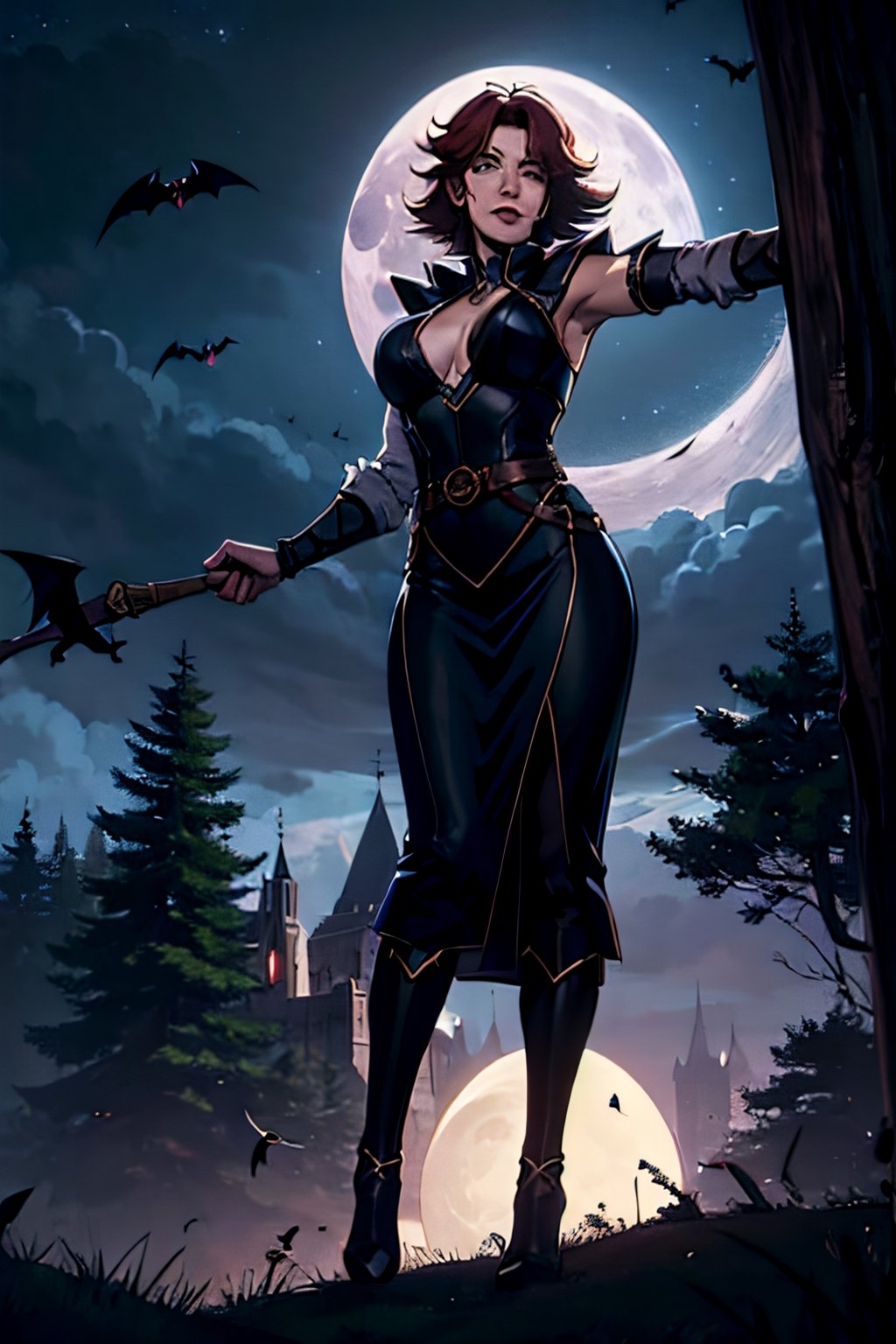 castlevania style, Julia Belmont, facial portrait, sexy stare, smirked, full body, sexy pose, forest, cloudy sky, bats flying around, castle on the horizon, full moon, whip in hand