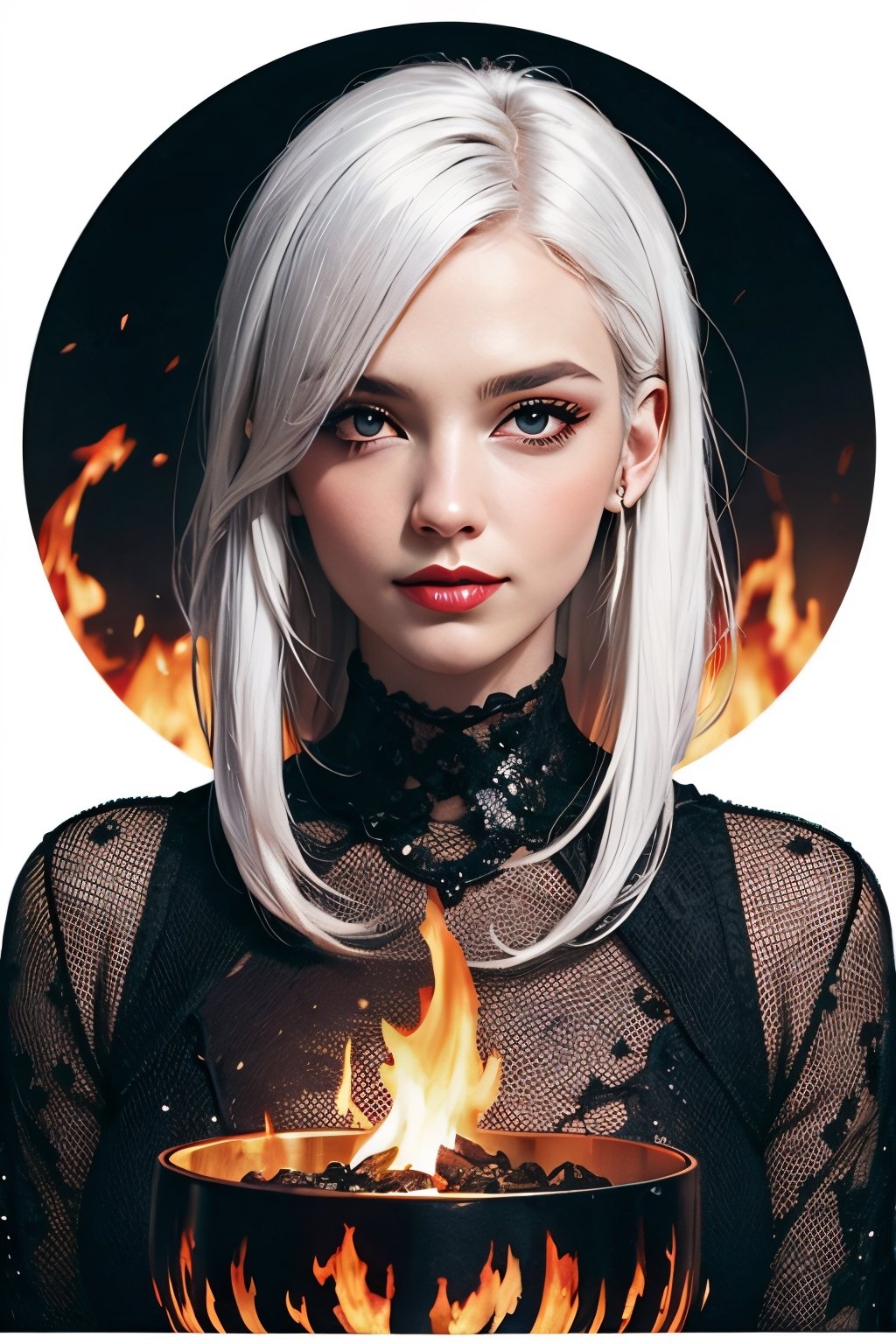 Lady Death, white hair, facial portrait, sexy stare, smirked, fire pits, demons, bats, lava, volcano erupting, 