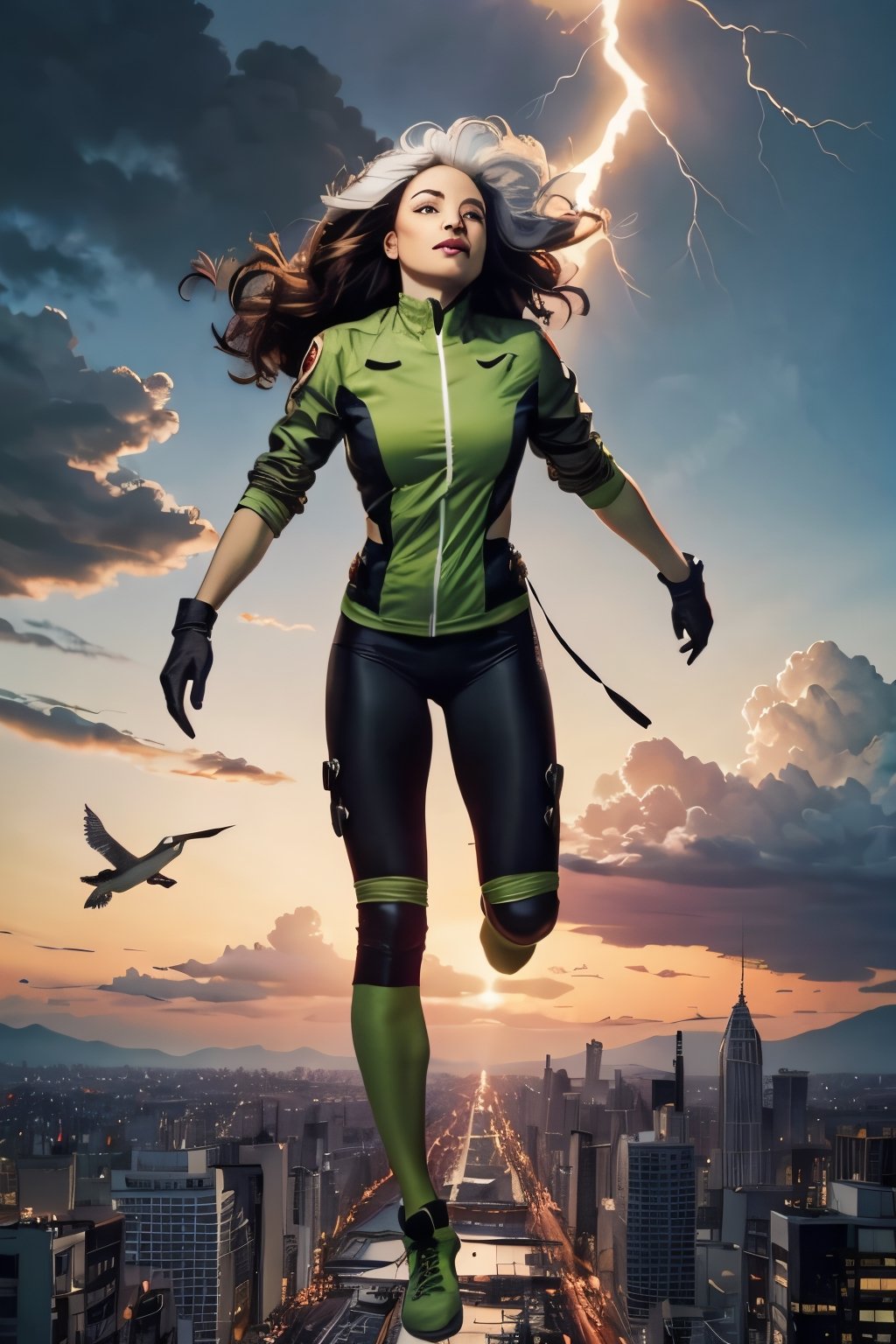 Rogue, facial portrait, sexy stare, smirked, full body, flying through the sky, city below, cloudy sky, lightning, birds, planes, 