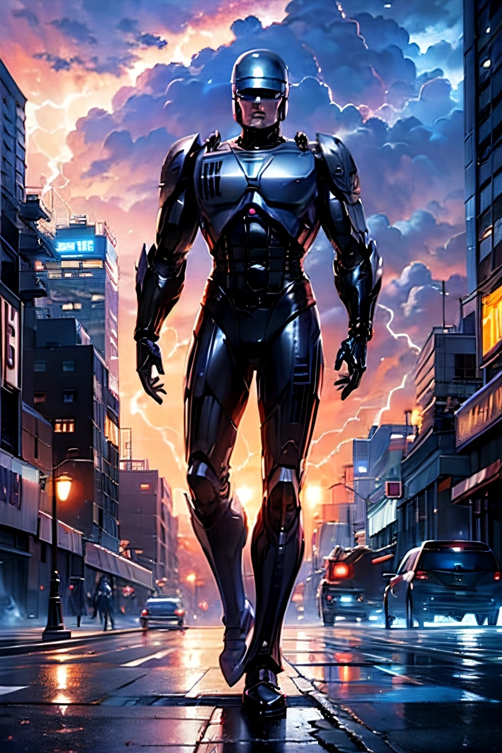 Robocop, full body, futuristic city, cloudy sky, lightning, crowds, cars, 