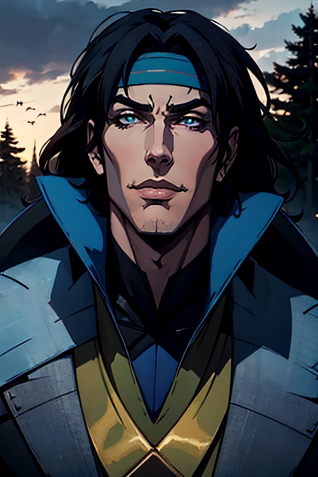 castlevania style, Richter Belmont, white headband, facial portrait, sexy stare, smirked, forest, cloudy sky, bats, castle on the horizon, 