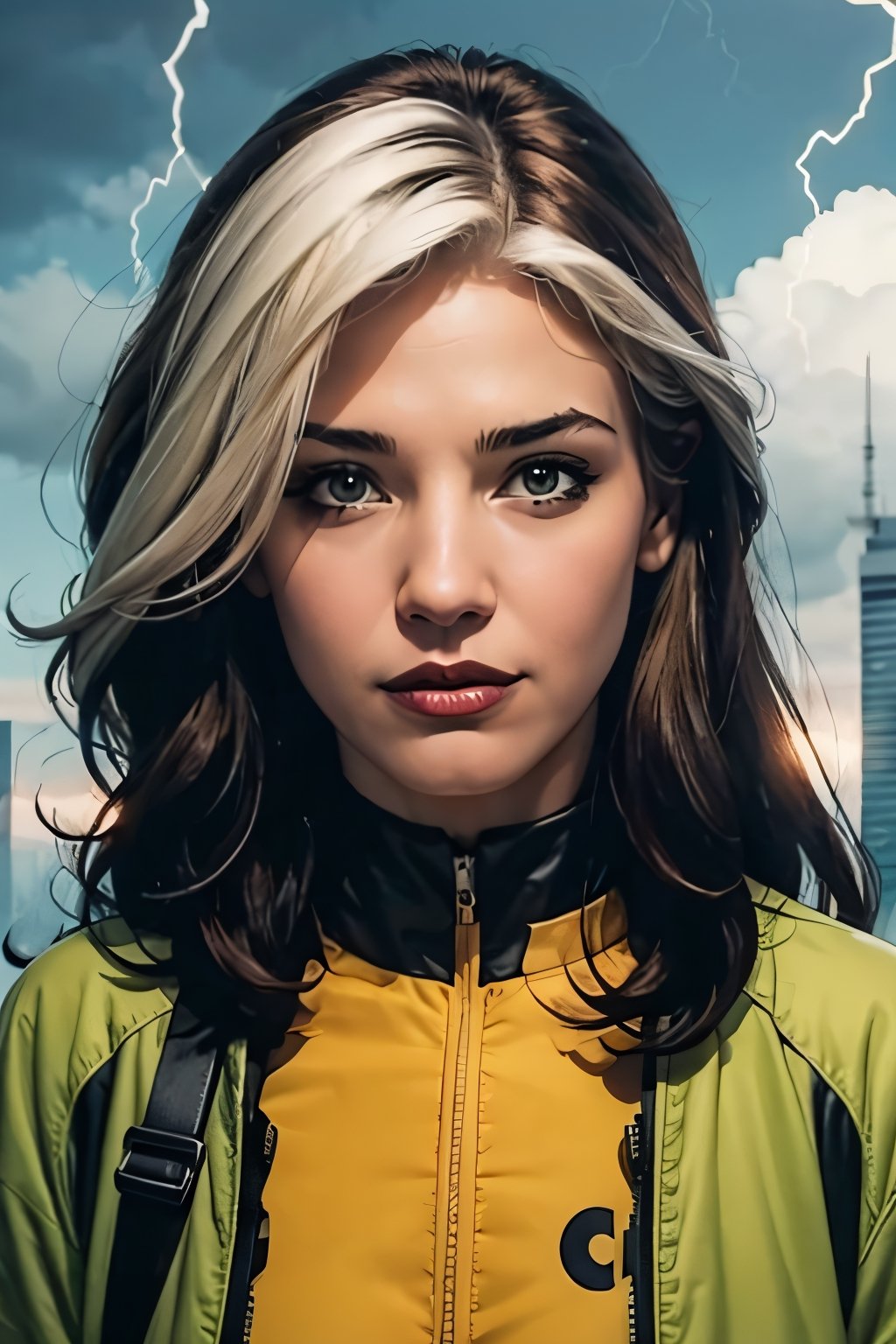 Rogue, facial portrait, sexy stare, smirked, flying through the sky, city below, cloudy sky, lightning, birds, planes, 