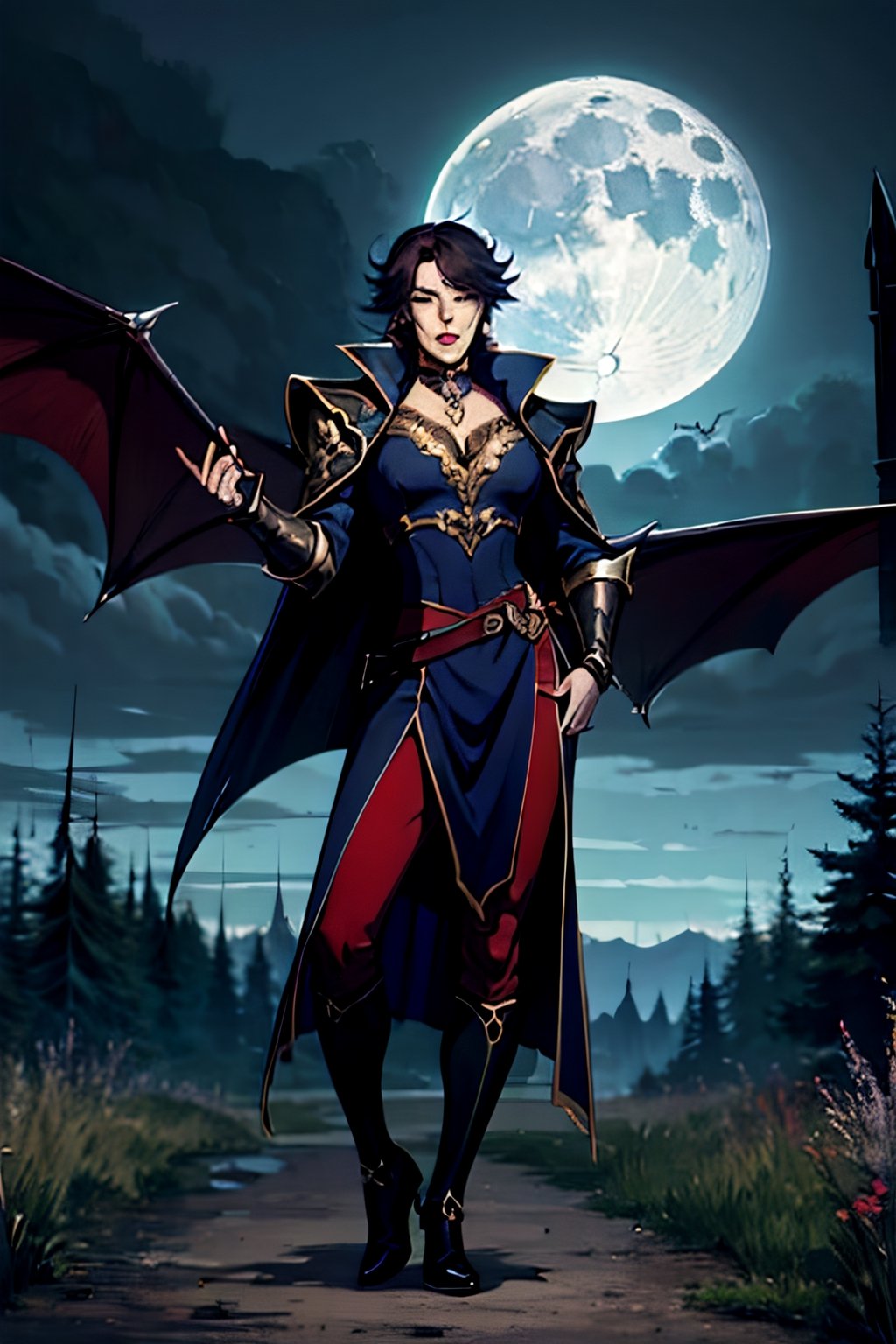 castlevania style, Julia Belmont, facial portrait, sexy stare, smirked, full body, sexy pose, forest, cloudy sky, bats flying around, castle on the horizon, full moon, whip in hand