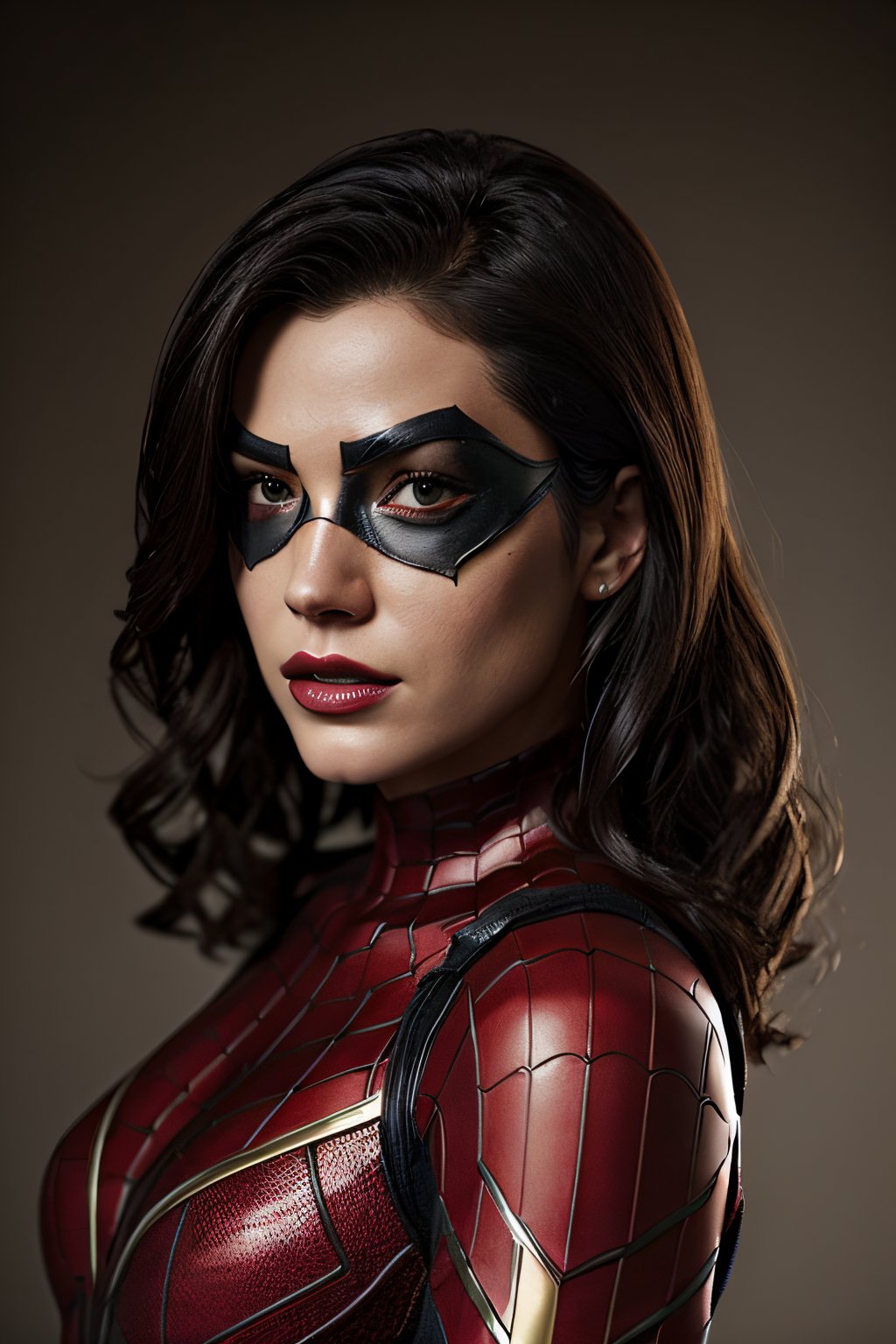 Photorealistic, Marvel's Spider-woman, with half mask, classic red costume, facial portrait, anal portrait, 