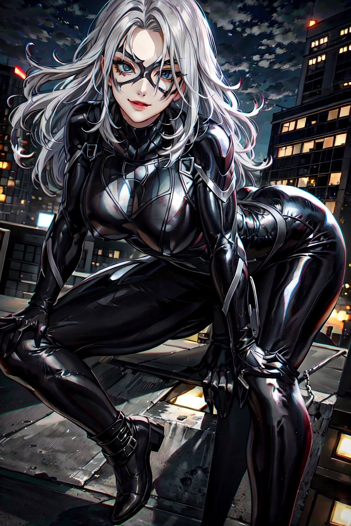 MarvelBlackCat, facial portrait, sexy stare, smirked, on top of building, night sky, city below, cars, cloudy, Spider-Man swinging, 