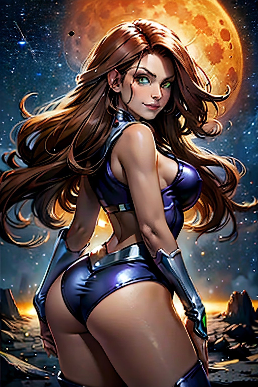 sf1, facial portrait, sexy stare, smirked, in space, moon, stars, comets, butt shot