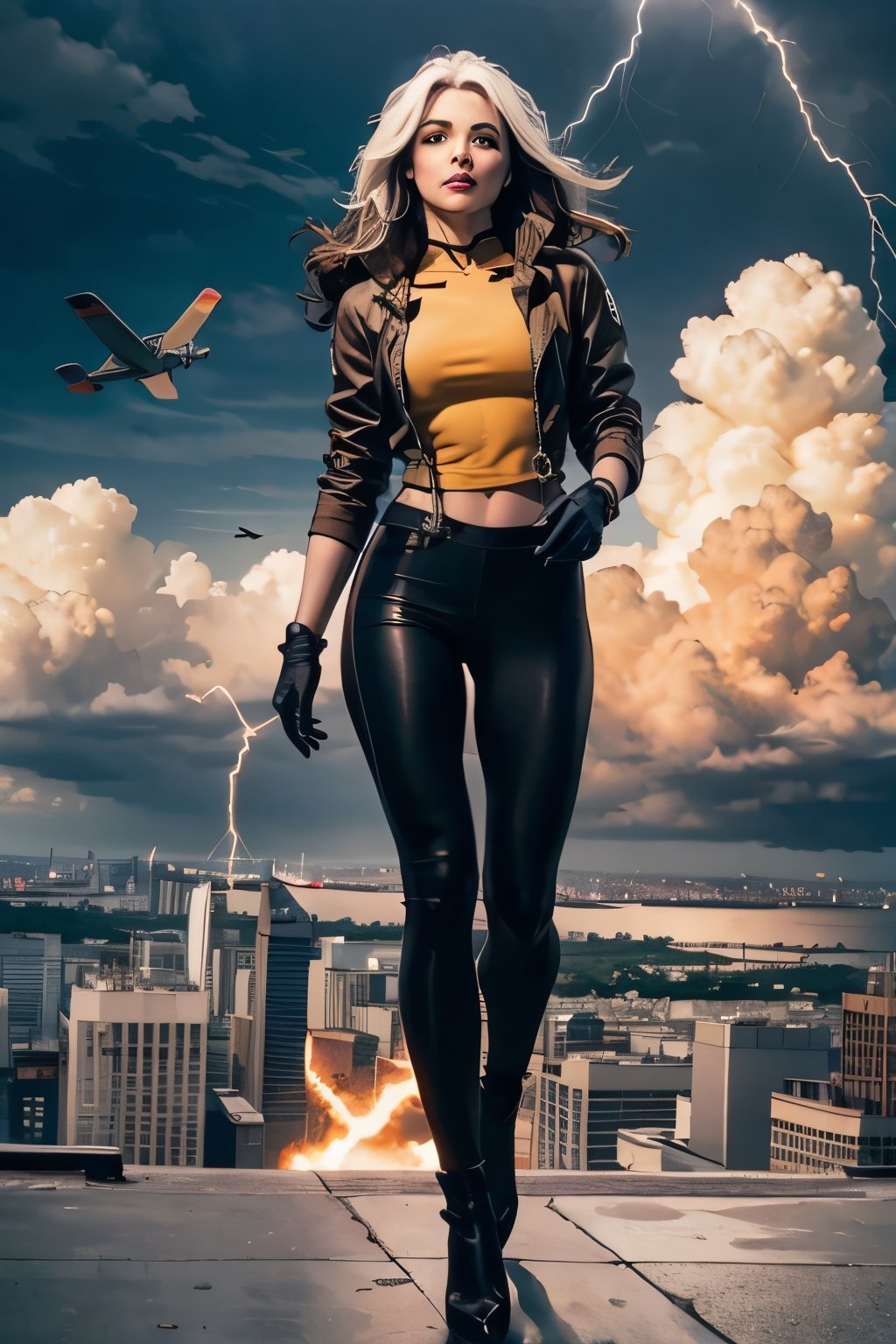 Rogue, facial portrait, sexy stare, smirked, full body, flying through the sky, city below, cloudy sky, lightning, birds, planes, 