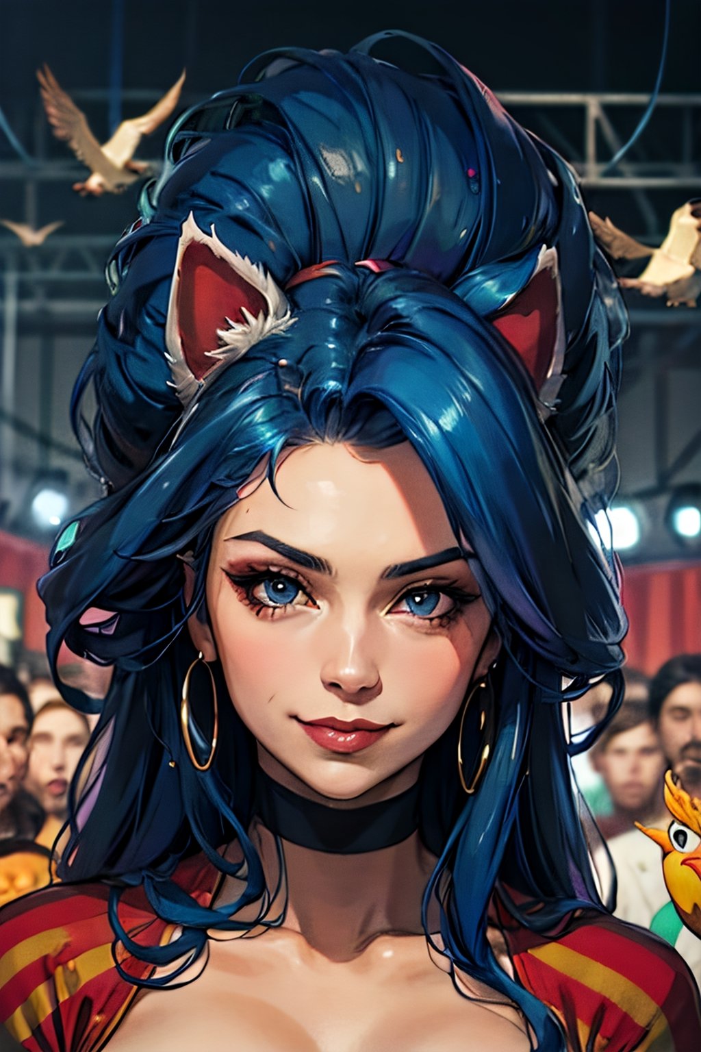 1girl, facial portrait, sexy stare, smirked, inside circus, crowds, animals, birds, 