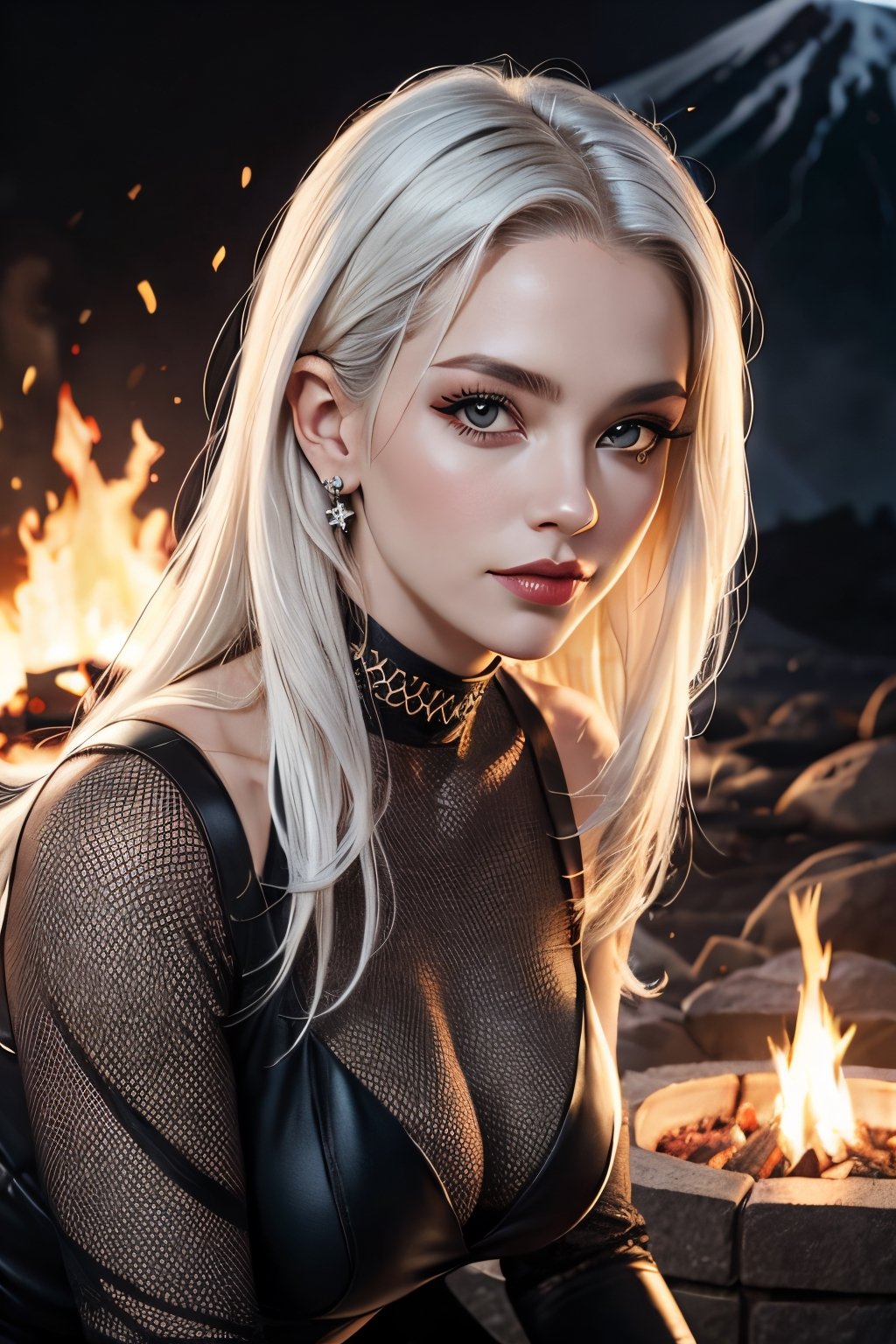 Lady Death, white hair, facial portrait, sexy stare, smirked, fire pits, demons, bats, lava, volcano erupting, 