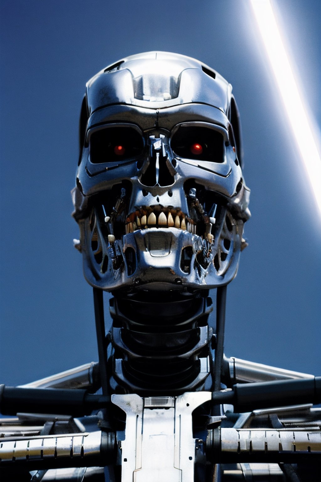 T800Endoskeleton,  facial portrait, standing menacing, machine gun, cloudy sky, lightning, futuristic wasteland, 