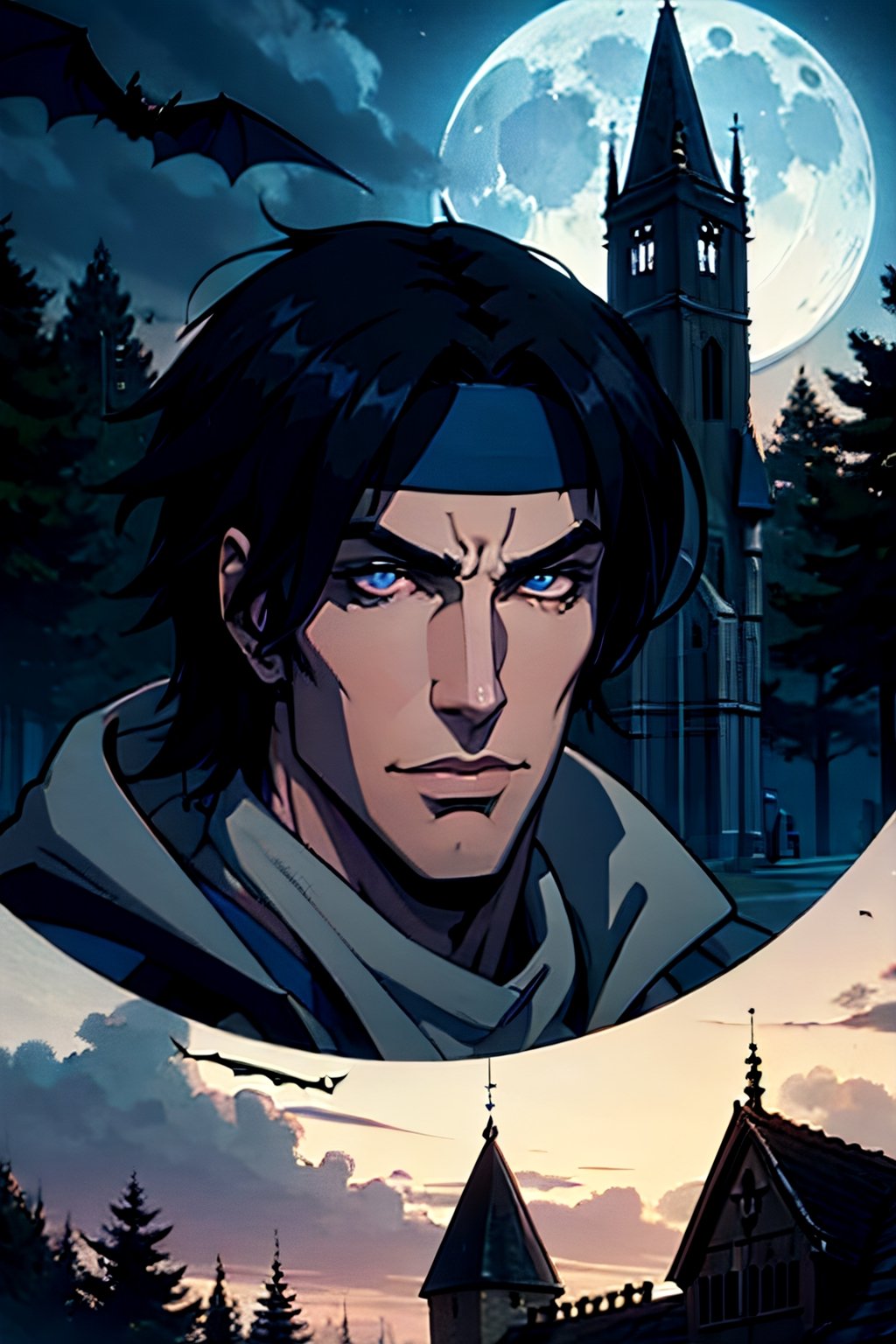 castlevania style, Richter Belmont, white headband, facial portrait, sexy stare, smirked, forest, cloudy sky, bats flying around, castle on the horizon, full moon, 