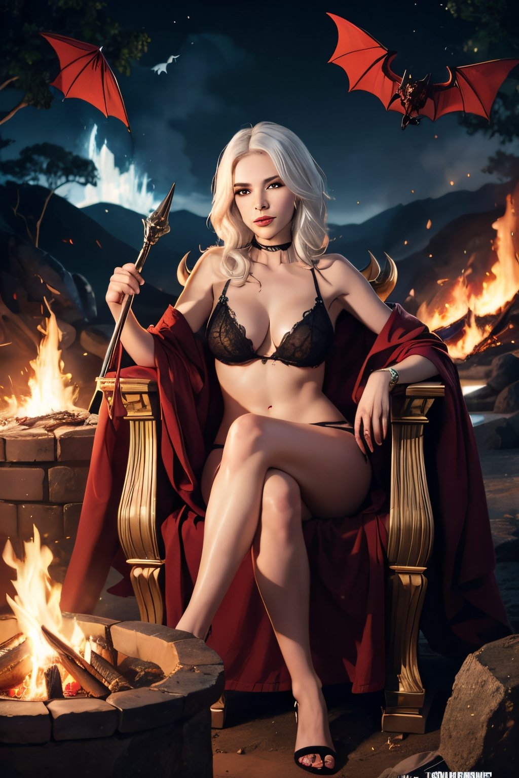 Lady Death, white hair, white skin, facial portrait, sexy stare, smirked, laying on a big throne, fire pits, demons, bats, lava, volcano erupting, 